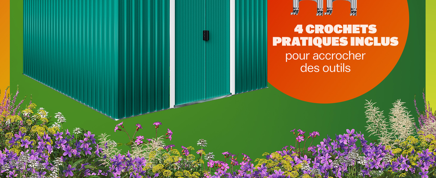 avec toit en pente dans une cour paysagée. Le panneau orange mentionne des fonctionnalités pratiques pour ranger les outils.