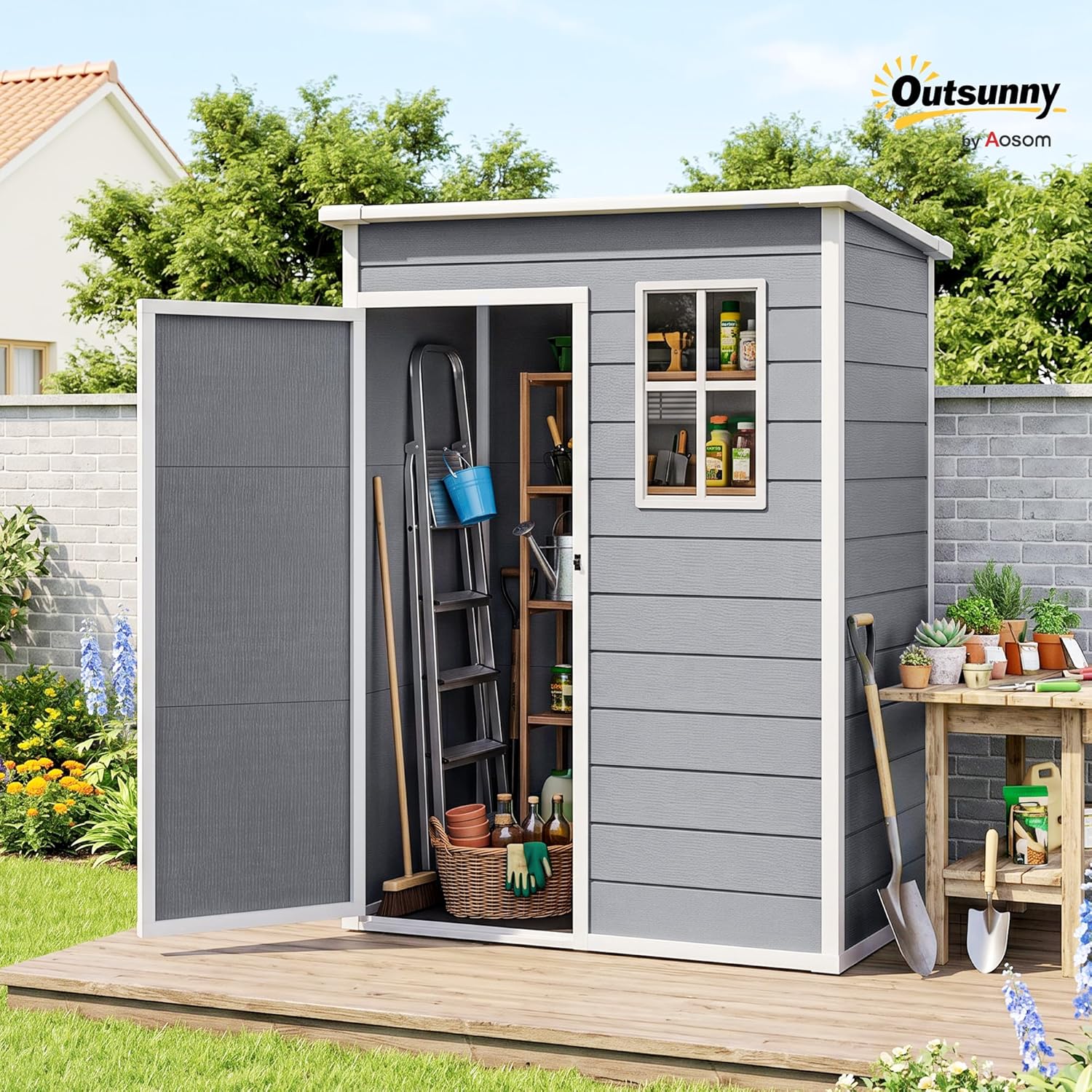 Outsunny - Abri de Jardin 1,14 m² - Porte verrouillable, aération et fenêtre - 151Lx92lx193H cm - Plastique, Gris - YJD1