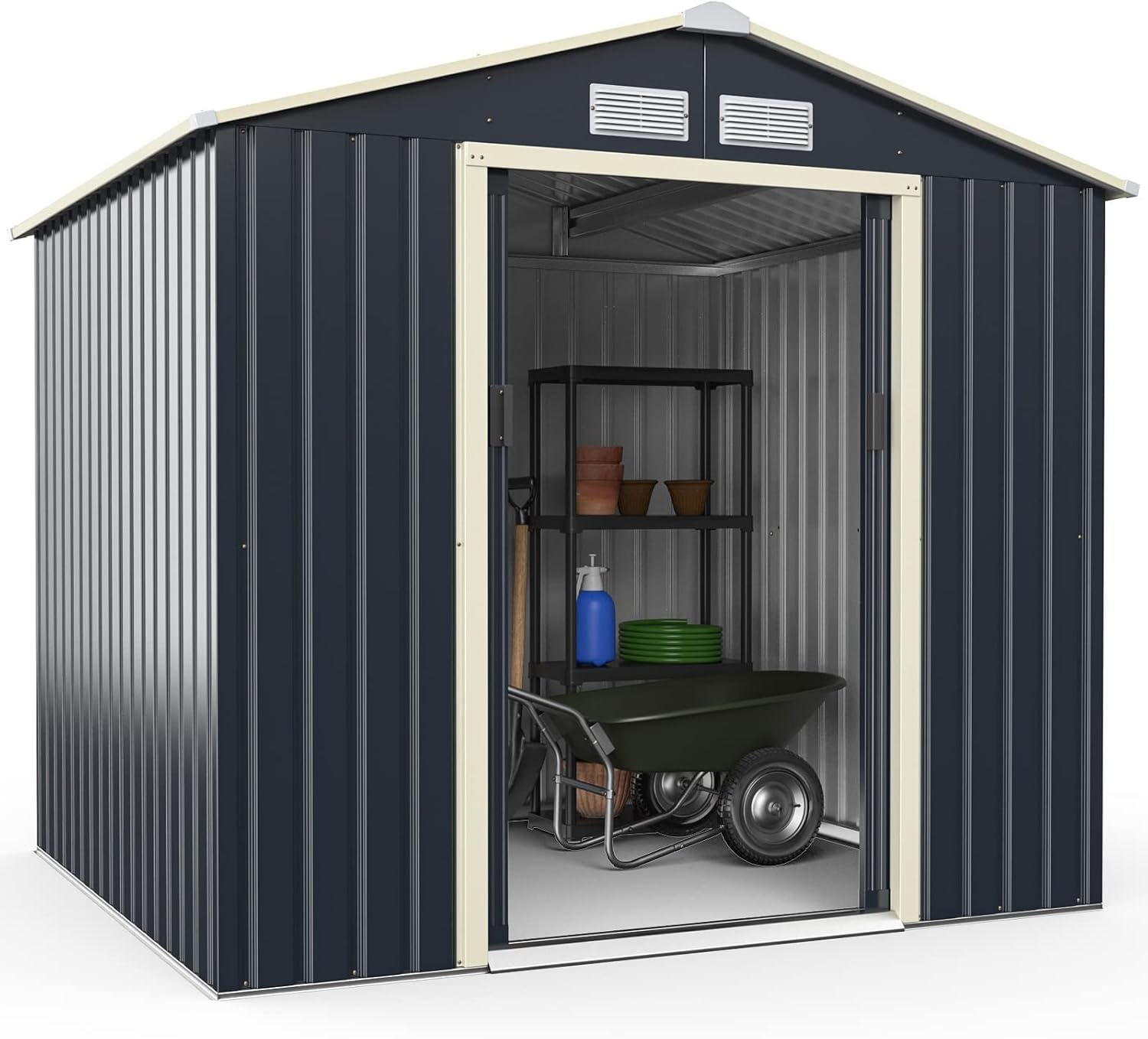 GOPLUS 3,73㎡ Abri de Jardin Métal Galvanisé, Cabine de Jardin Extérieur Portes Coulissantes, Résistant aux Intempérie, Cabane de Rangement Outils, 213 x 191 x 195 cm, Gris
