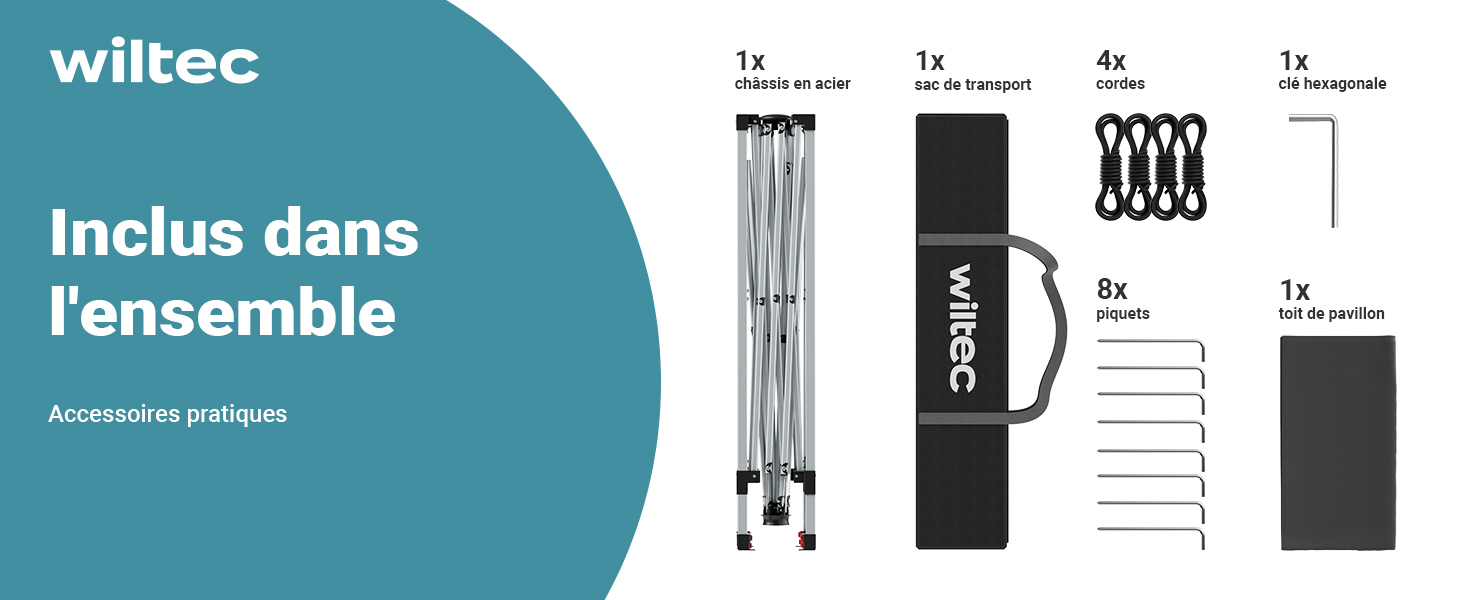 Schéma du produit montrant les composants du kit d'accessoires Wiltec, y compris le matériel de montage, le sac de transport et les pièces d'installation avec des instructions de montage détaillées