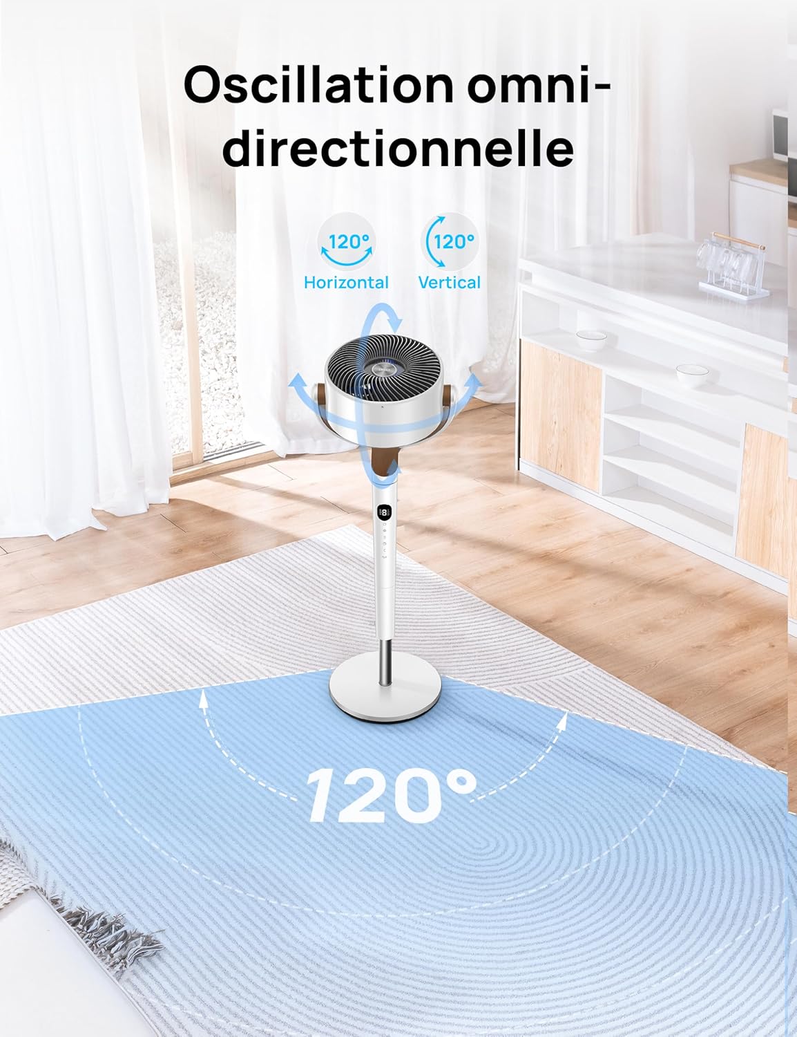 DREO ventilateur sur pied silencieux 20 dB avec oscillation omnidirectionnelle 120°+120°, portée du vent 26 m, débit d’air 1615 m³/h, circulateur Turbo, hauteur réglable 94–107 cm, 3 modes, 8 vitesses