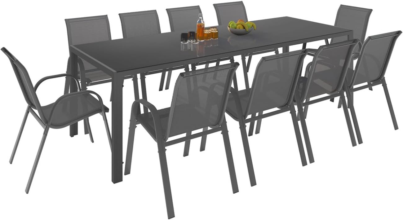 IDMarket - Madrid série - Table 240cm, 10 chaises empilables, gris anthracite