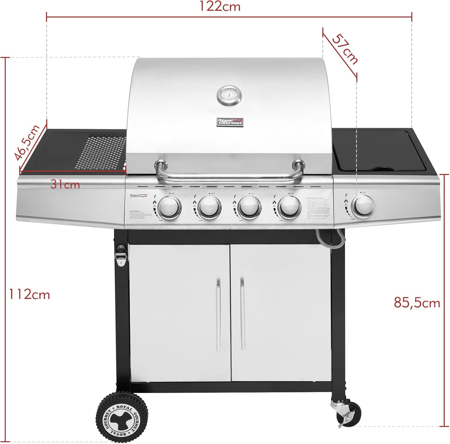 Royal Gourmet - Barbecue Gaz 4+1 brûleurs inox - 14,5kW - 2 portes, thermomètre, roues directionnelles