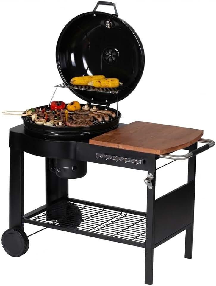 Tarrington House - Barbecue Calgary - acier/bois - couvercle thermomètre, tablettes, 2 roues, noir