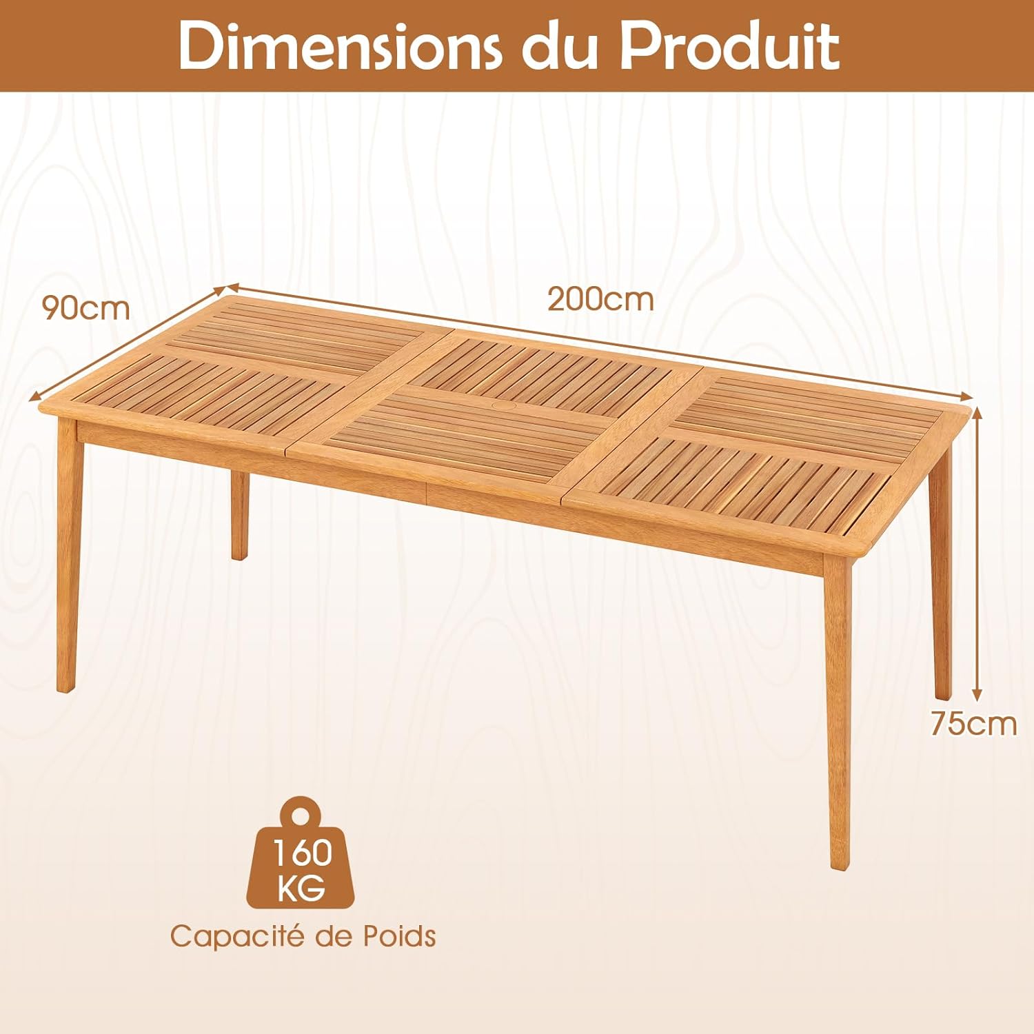 COSTWAY - Table de jardin en bois d'acacia - 200x90 cm - 8 personnes, trou parasol 5 cm