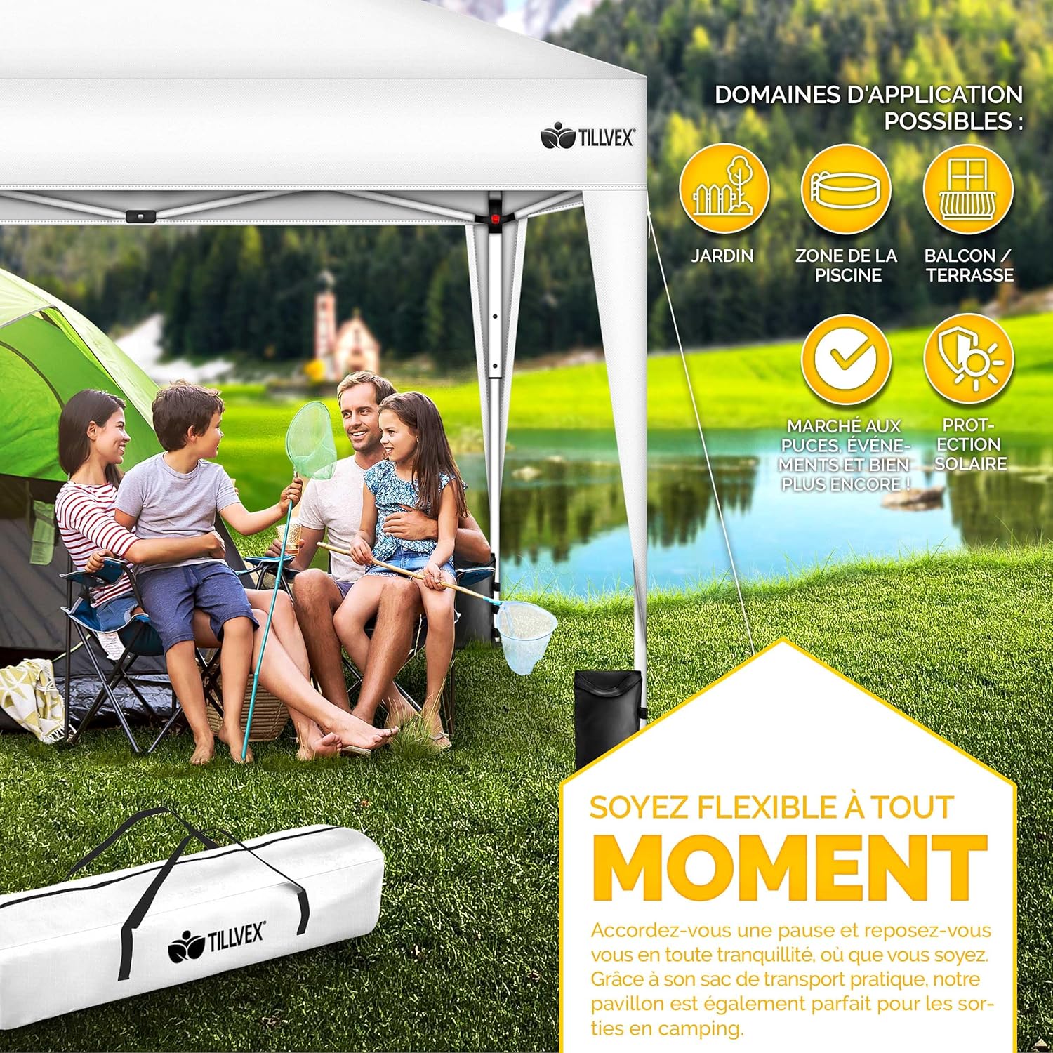 tillvex Tonnelle de Jardin 3 x 3 m Pliable | Tente Pliante à Hauteur réglable | Auvent pour Camping, Festival, Plage | Protection UV 50+ | Chapiteau avec Sac