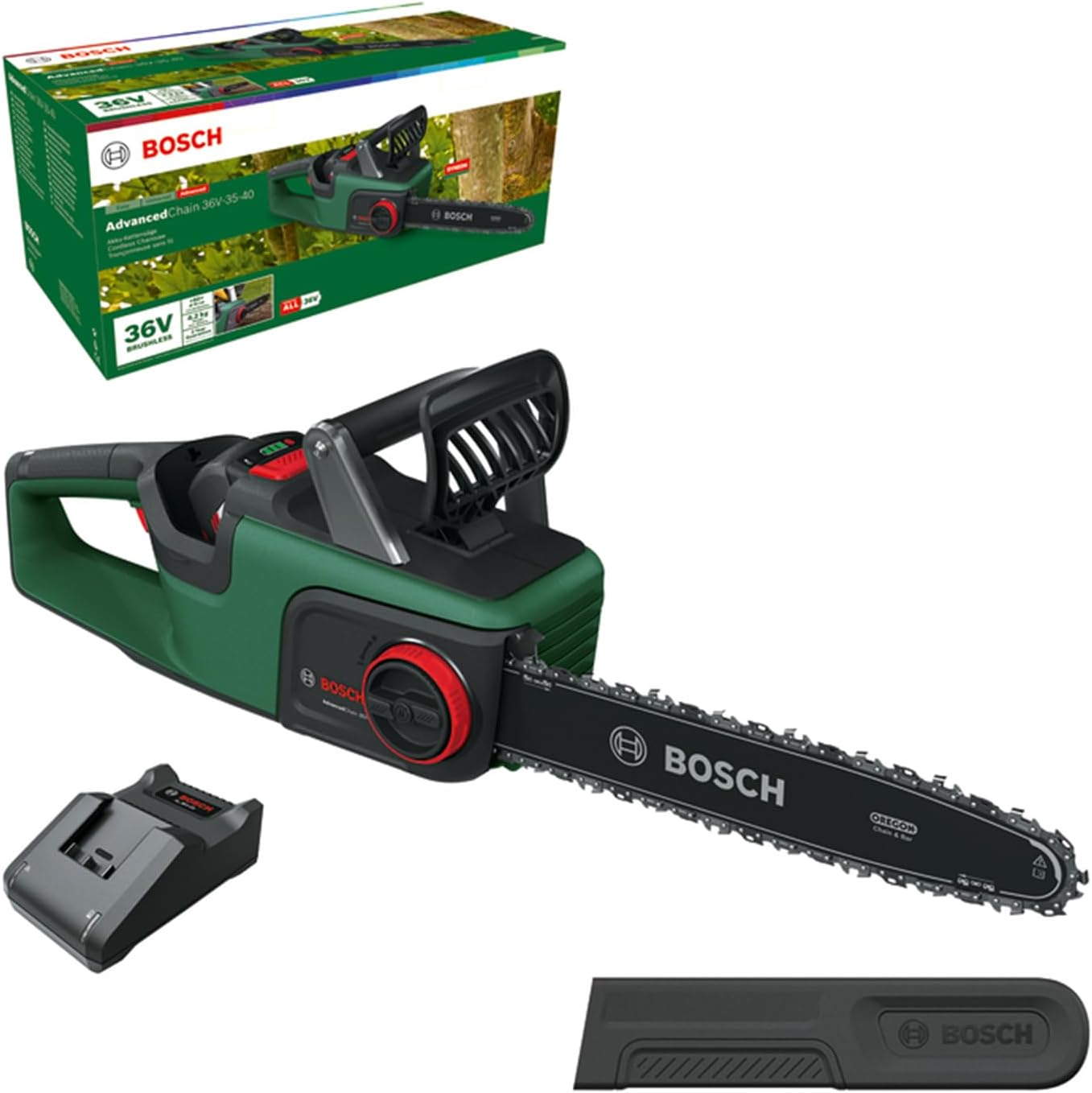 Bosch Tronçonneuse à chaîne sans fil - AdvancedChain 36V-35-40 (pour tronçonner le bois dur ; système 36V ; vitesse de chaîne : 14 m/s ; 1 batterie 2,0 Ah et chargeur)