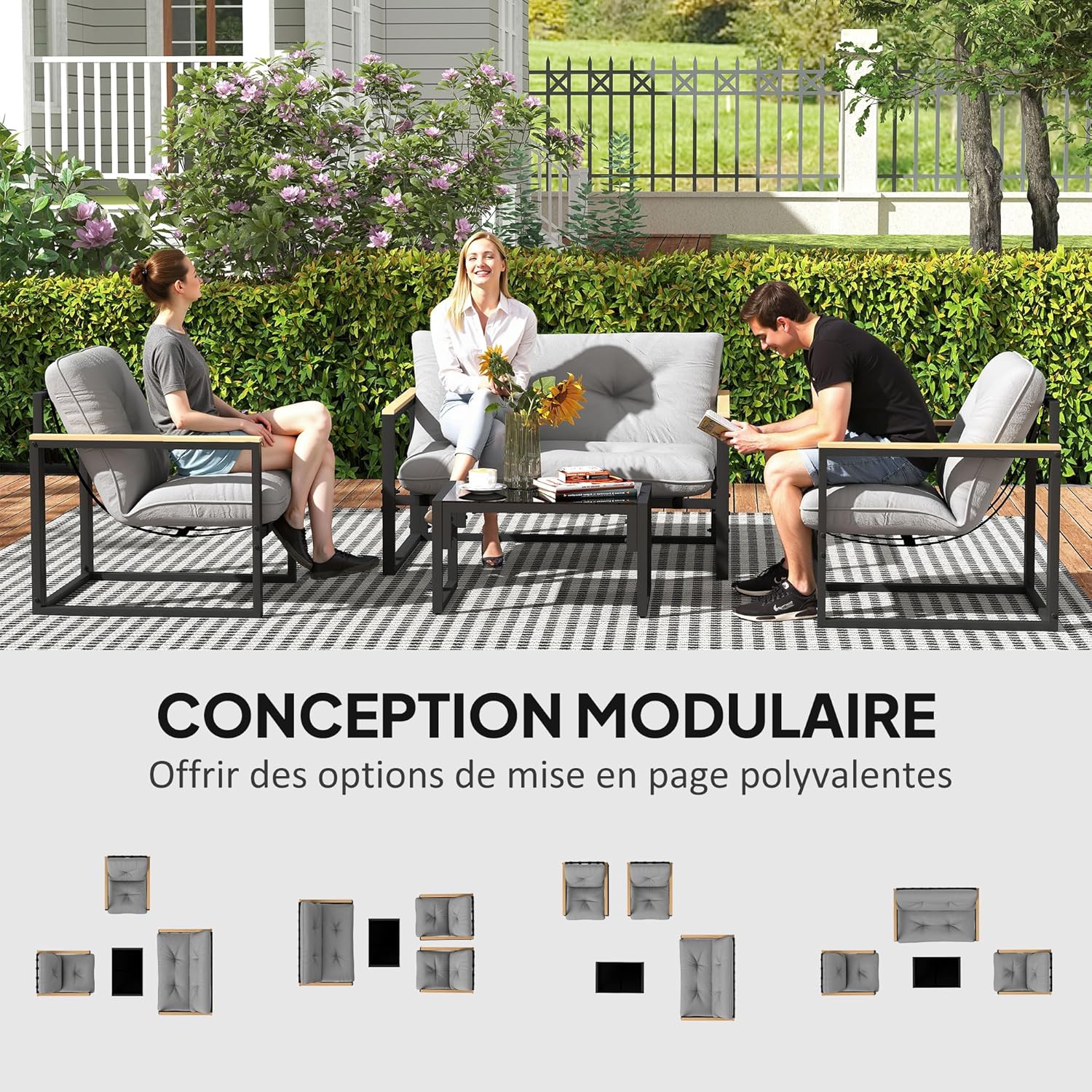 Outsunny - Salon de jardin 4 places - canapé, 2 fauteuils, table en verre, coussins inclus, gris
