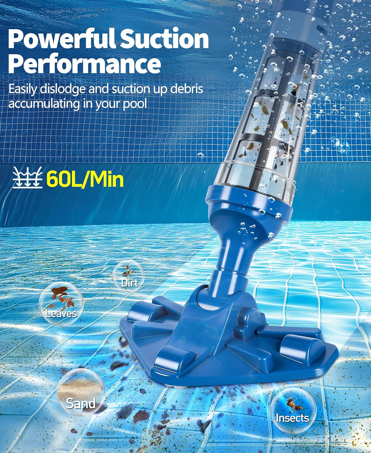PoolLeader - Aspirateur piscine sans fil - 2,13m - 60L/min, 90min autonomie