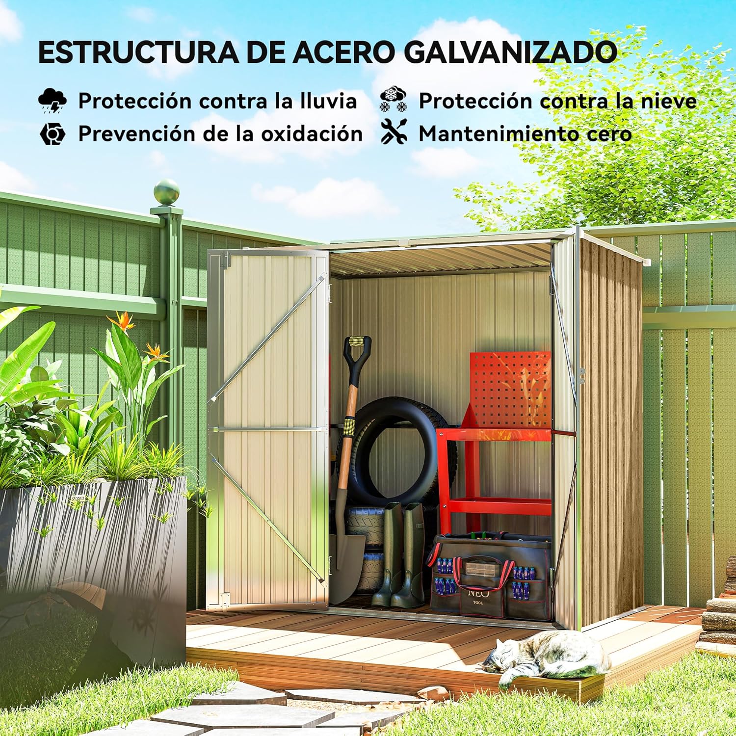 Outsunny Abri de Jardin d'extérieur 1,37 m², 163 x 89 x 163 cm, abri de Jardin métallique d'extérieur avec Toit en Pente, Portes à loquet et poignées pour Le Rangement des Outils, Marron Clair