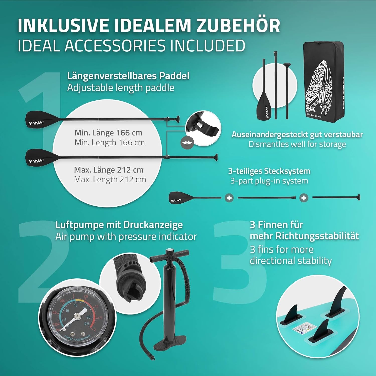 ECD Germany - Stand Up Paddle Board - 305/308/320/380 cm - PVC, jusqu’à 150 kg, 10/15 cm, sac, pompe