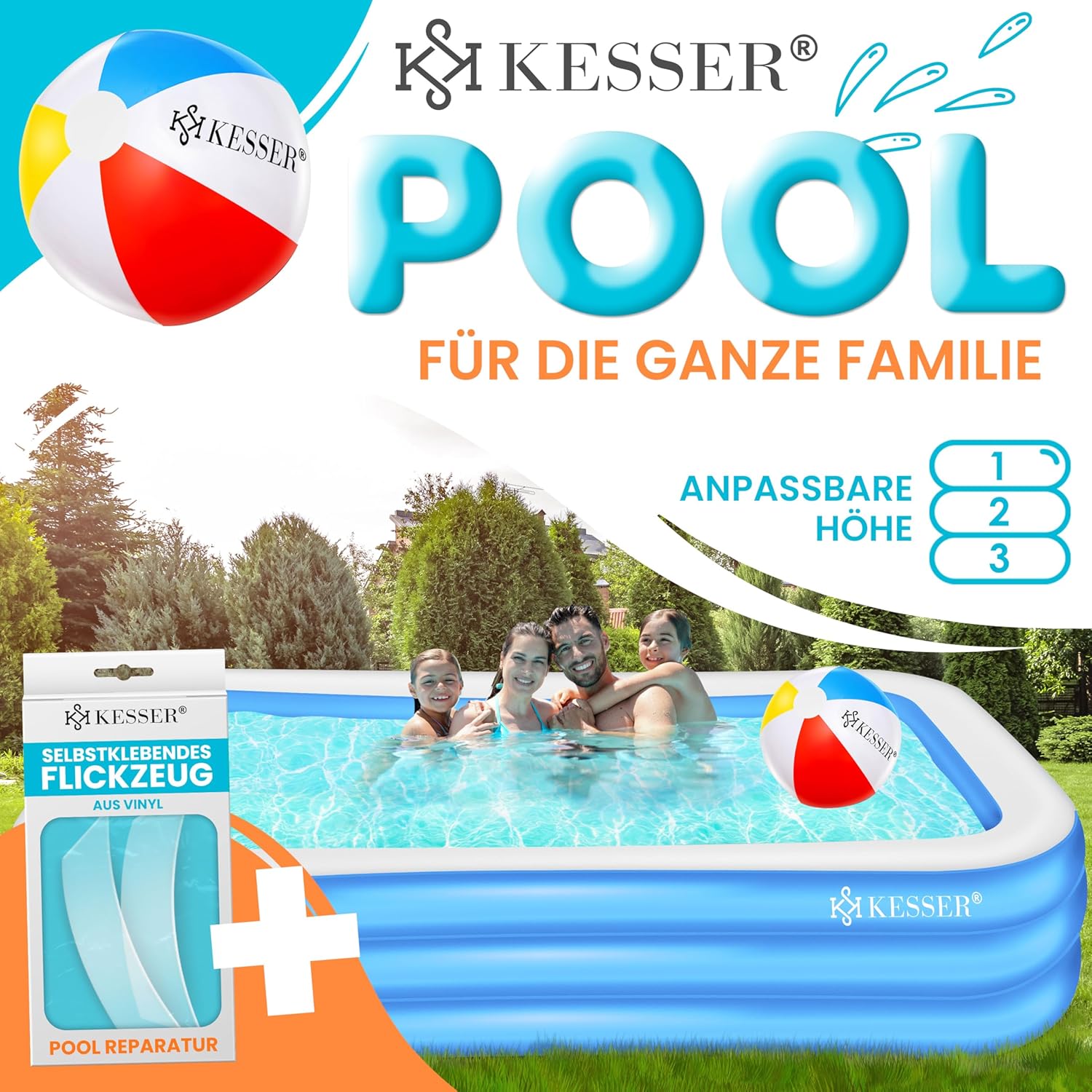 KESSER - Piscine familiale rectangulaire 240x142x56cm, 613L, trous drainage