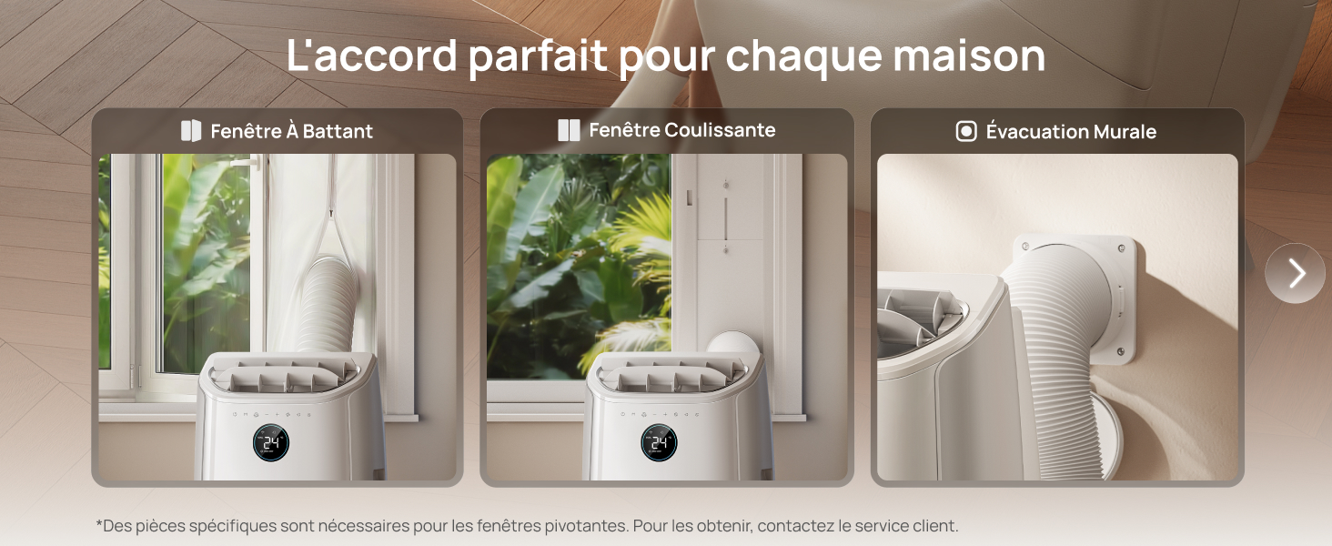 Le texte indique « L'accord parfait pour chaque maison » (L'accord parfait pour chaque maison). Carrousel de produits présentant trois unités de diffusion à usage domestique : près d'une fenêtre avec une plante, dans un espace de vie moderne et sur une étagère. L'appareil est doté d'une base circulaire avec interface à écran tactile.