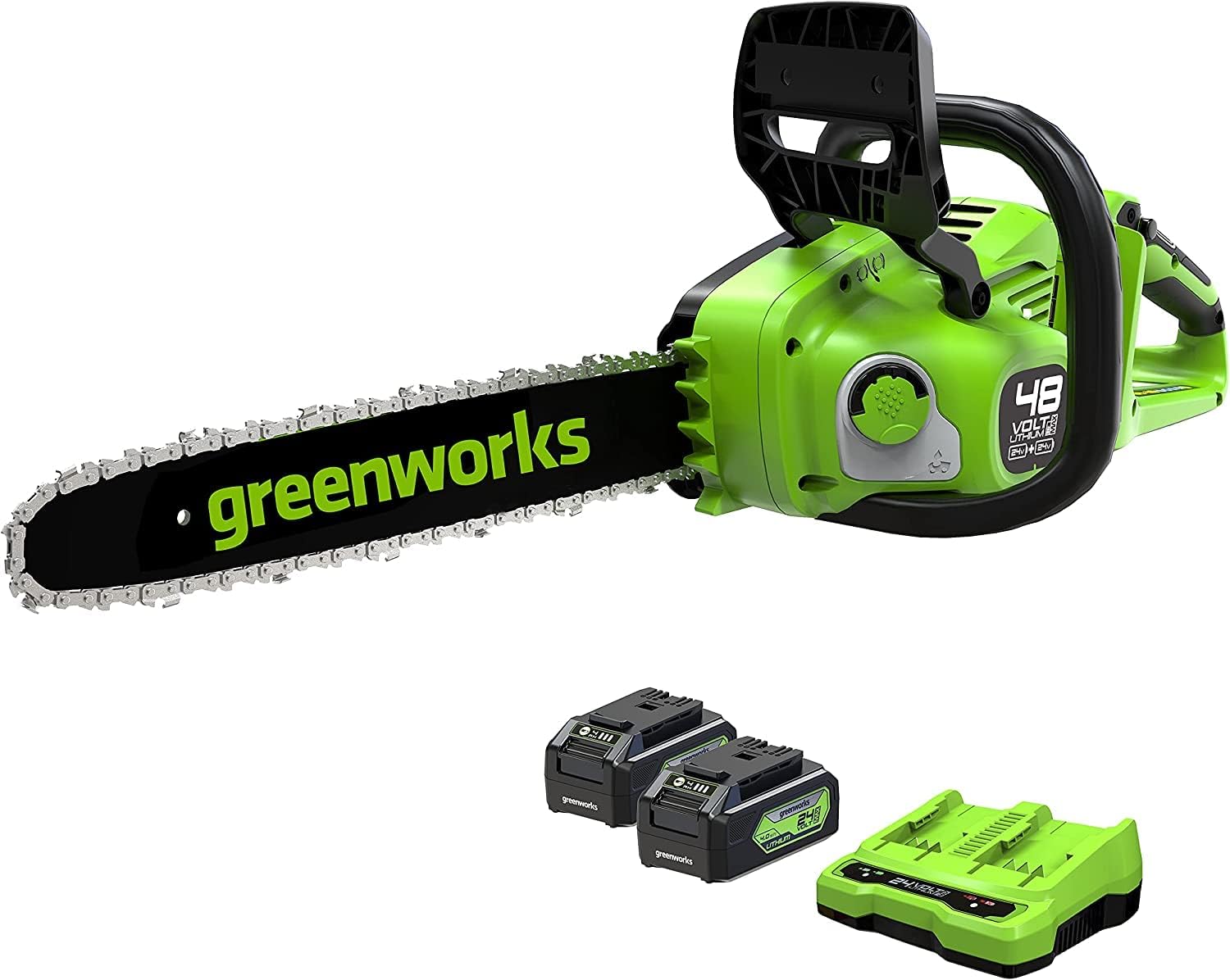 Greenworks - Tronçonneuse sans fil série 48V - 35cm - moteur sans balais, vitesse 20m/s, 2 batteries 24V 4Ah, graisseur 