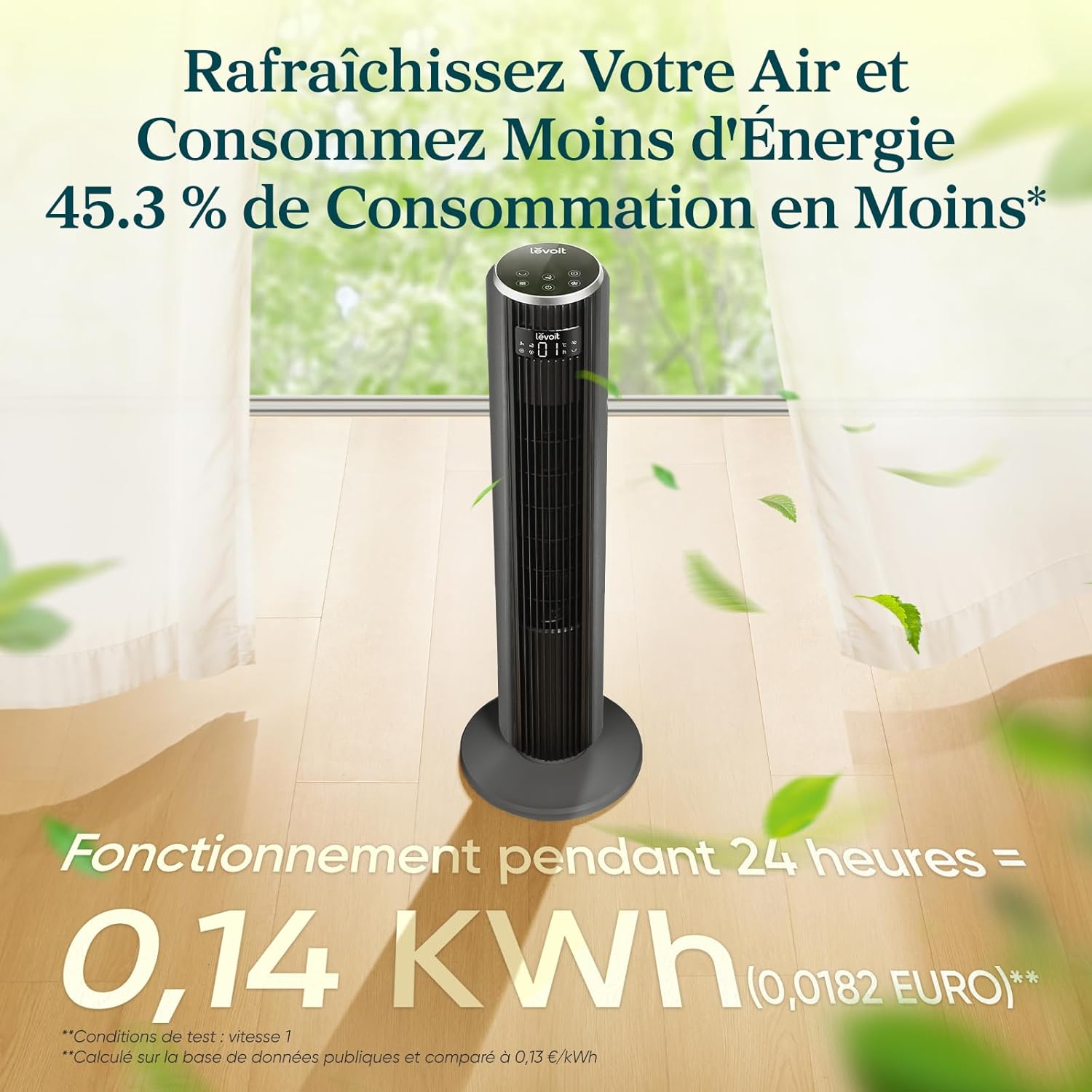 Levoit Ventilateur Colonne Silencieux 20 dB, 12 Vitesses, 4 Modes, Puissance 7,9 m/s, Minuterie 1-12 h, Télécommande & LED, Oscillation 90°, Mode Nuit pour Chambre, 92 cm, Gris