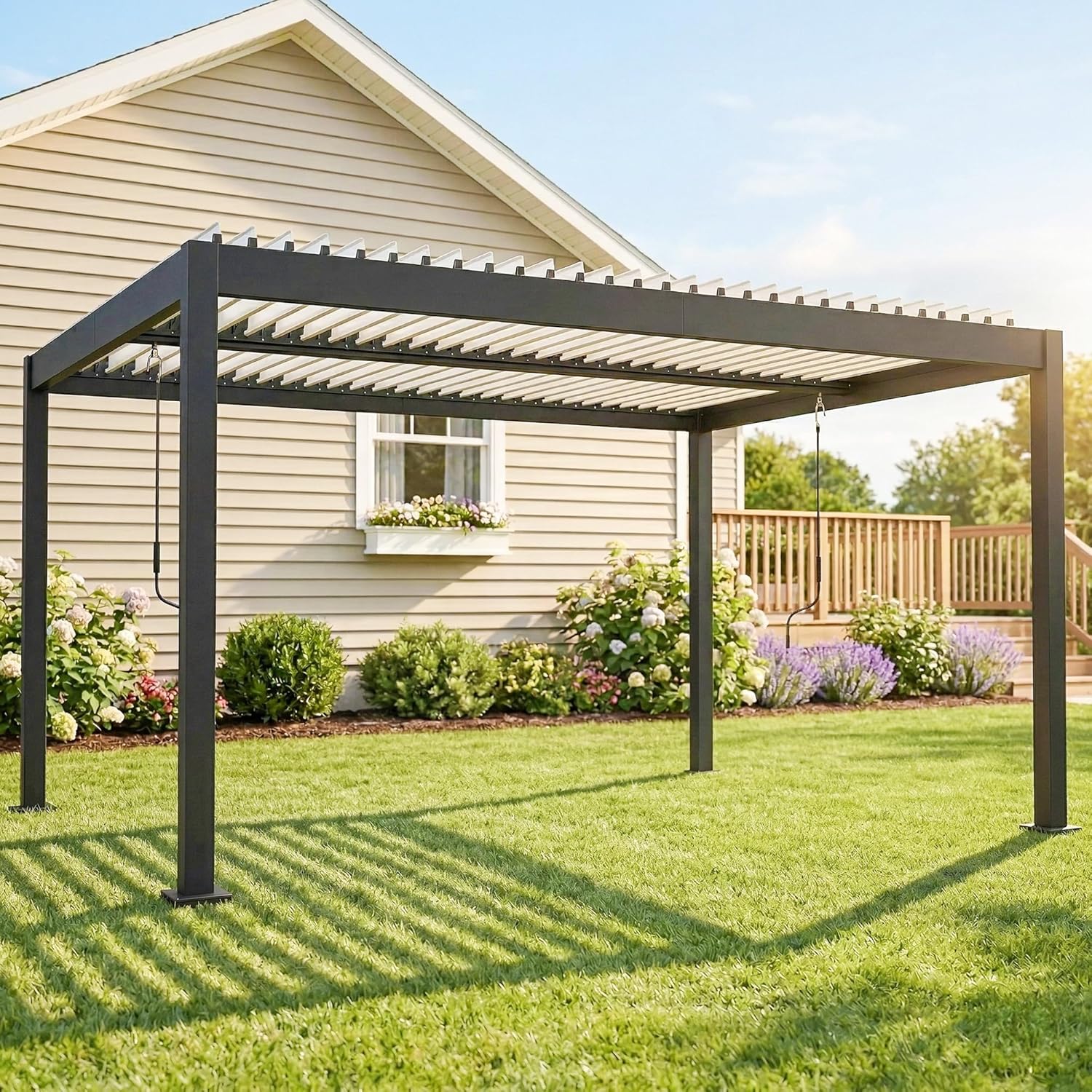 Outsunny - Pergola Bioclimatique - 4x3m - alu blanc, toit lames orientables, manivelle