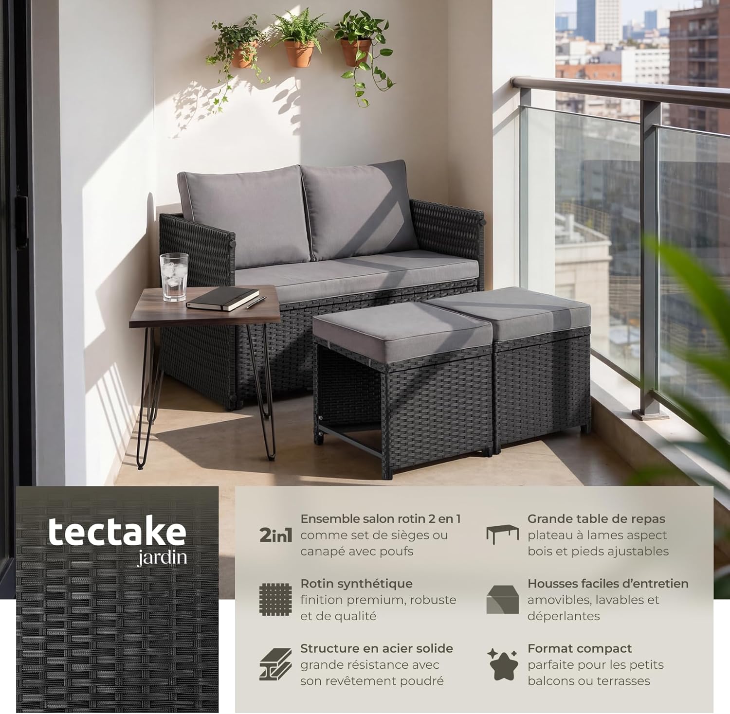 tectake - salon de jardin 2en1 modulable 4 places - table, banc, extérieur