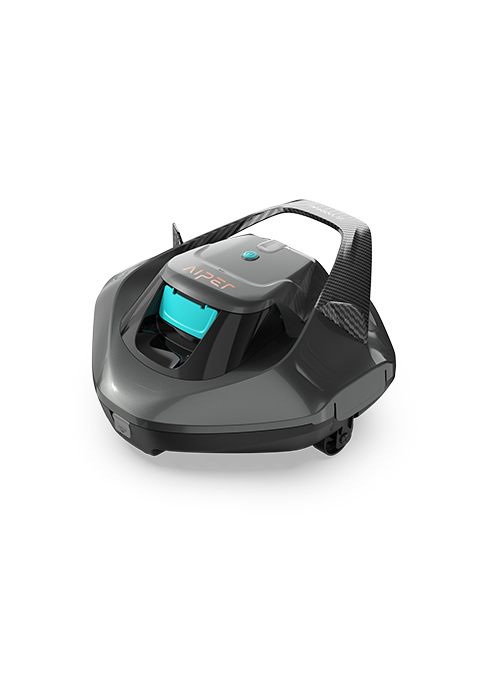 Appareil robotique noir avec panneau d'affichage numérique turquoise et sommet incurvé en forme de dôme vu de dessus sur fond blanc.