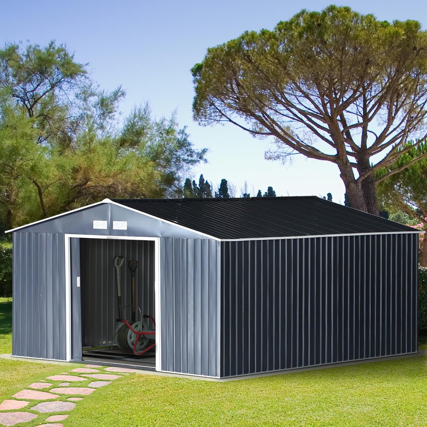 Outsunny - abri de jardin acier 340x386x200 cm - 20m³, gris charbon