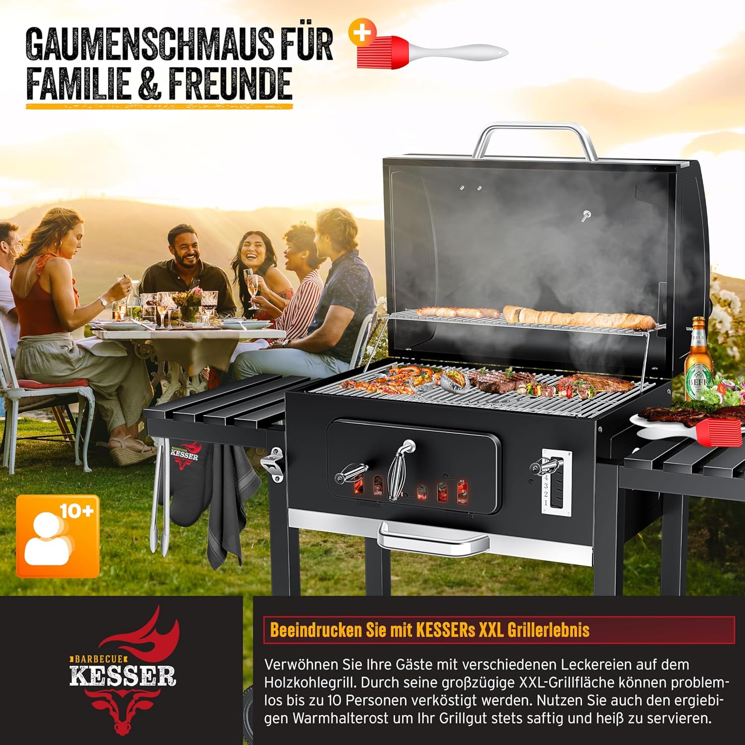 KESSER - Chariot à Barbecue XXL - grill charbon, couvercle, roues, inox, thermomètre