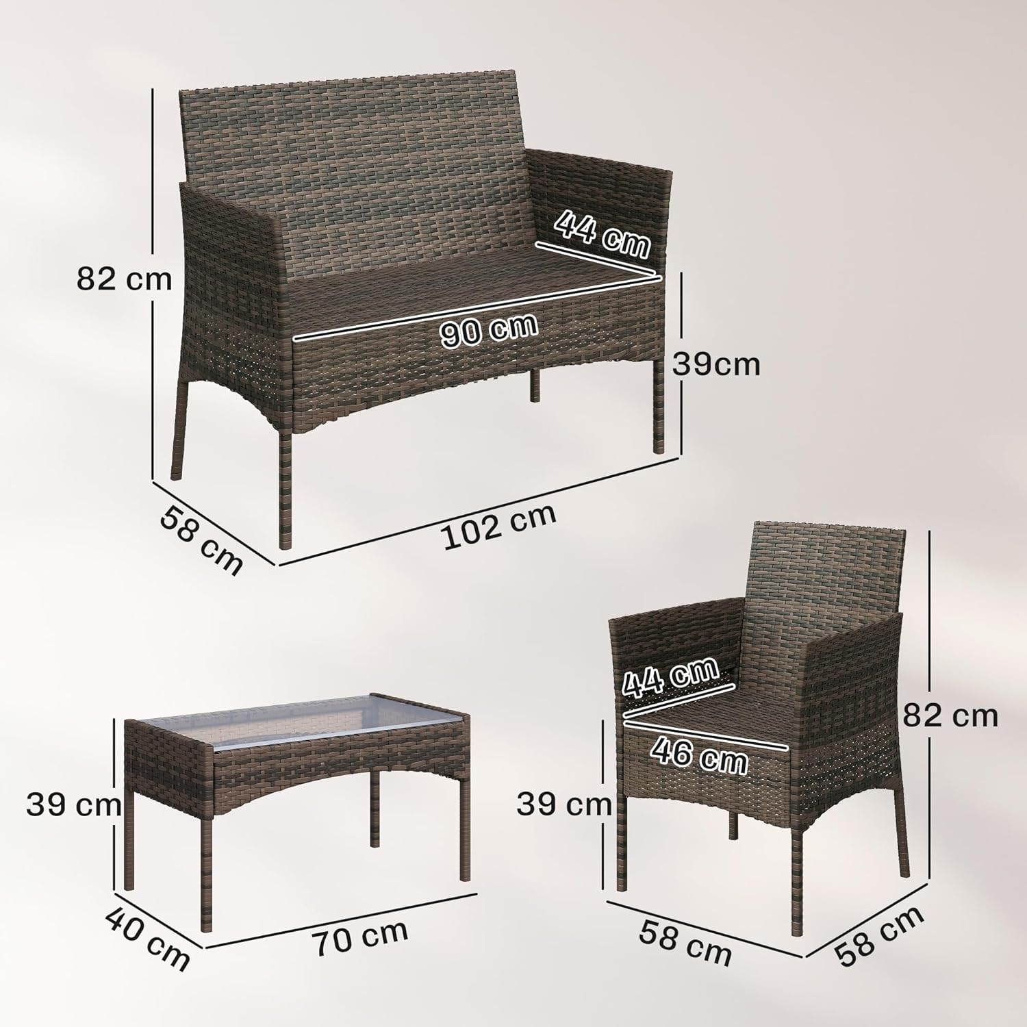 Outsunny - Salon jardin 4 personnes - canapés, table verre, coussins déhoussables, résine tressée, beige