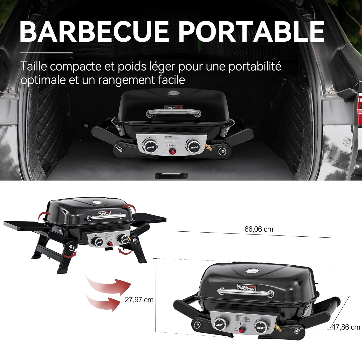Royal Gourmet - Barbecue Gaz 2 brûleurs - 48x37 cm - tables pliables, 5kW