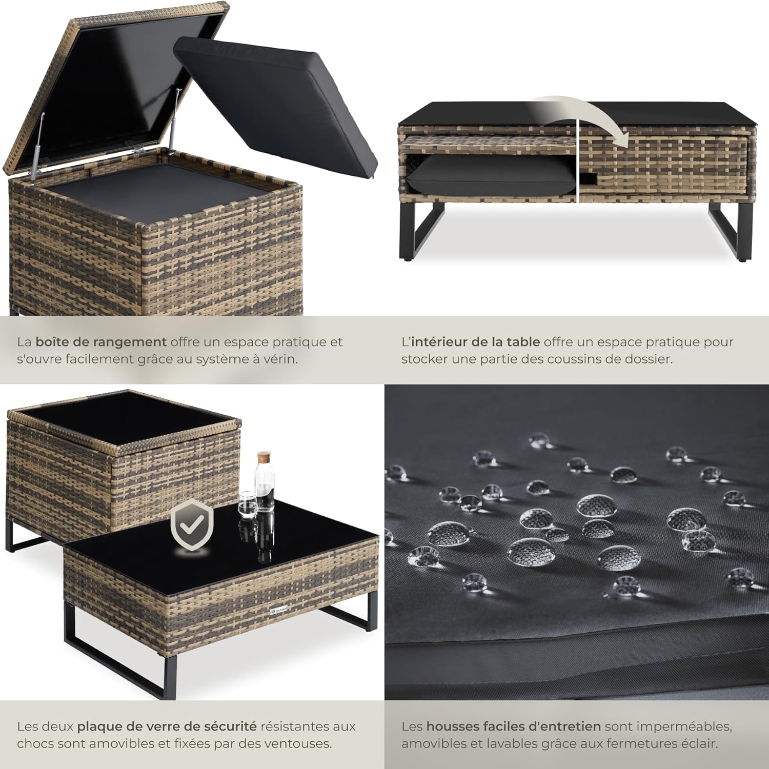 tectake - Ensemble modulable 4 places rotin, table basse, coffre, coussins