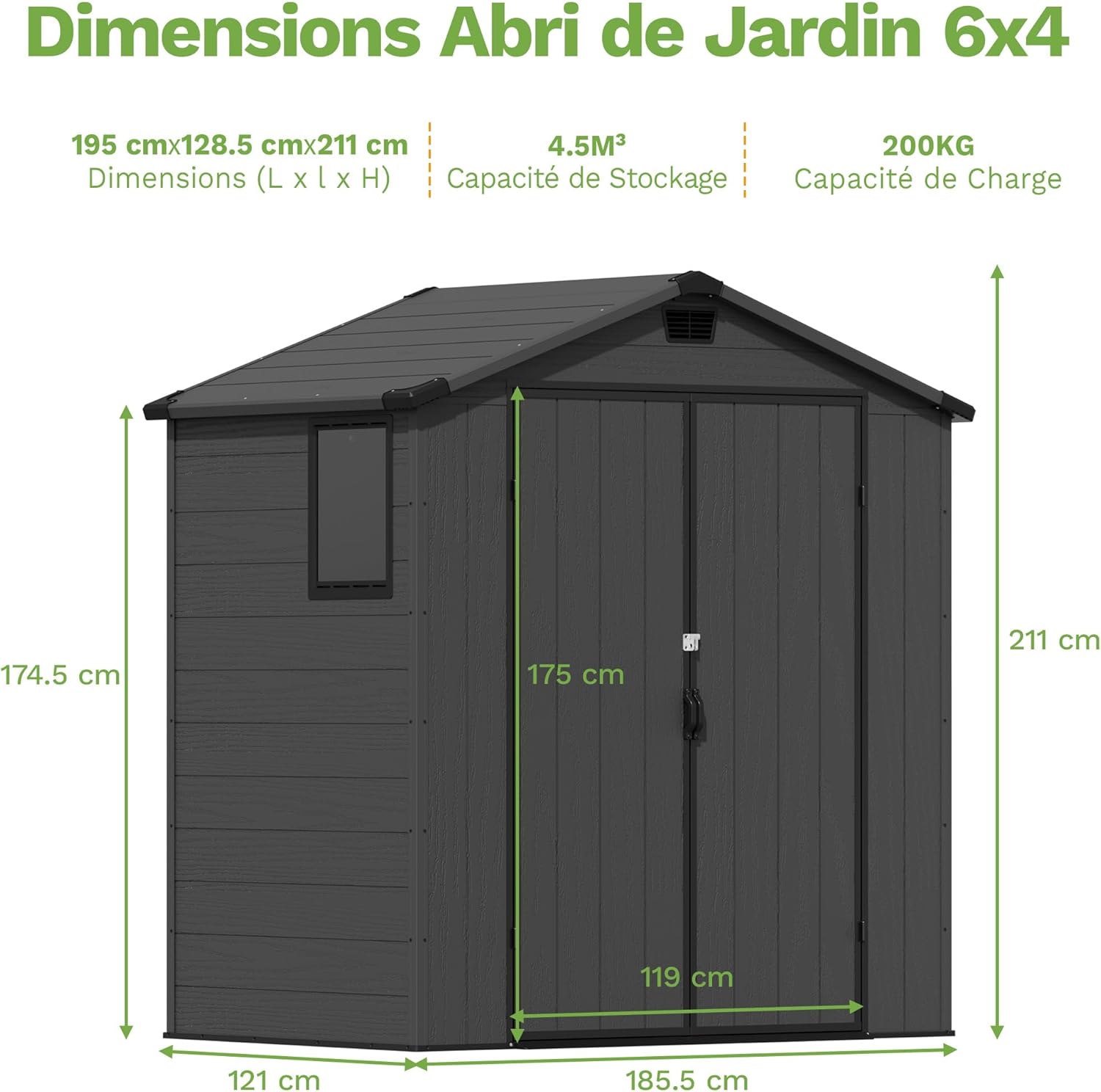 Devoko Abri de jardin extérieur en plastique avec double portes verrouillables et toit en apex – Abri de jardin pour outils de terrasse, abri pour vélo, poubelle – Résistant aux intempéries et à la
