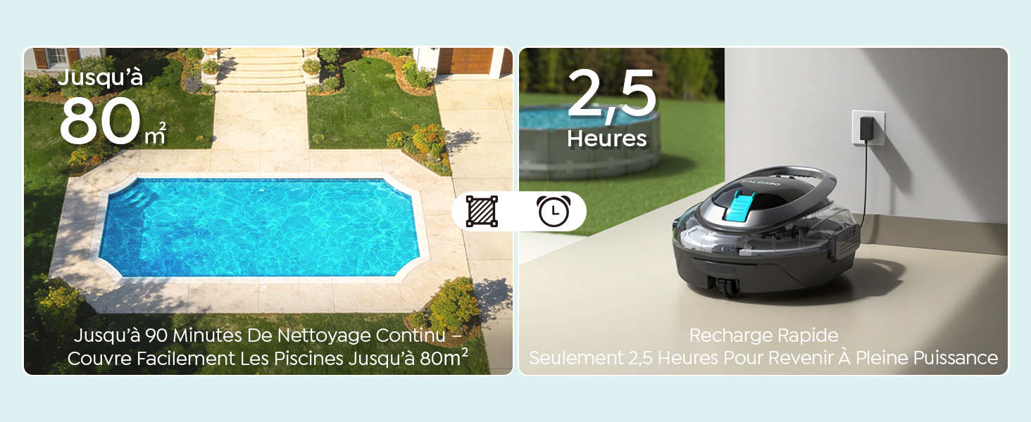 Le texte indique « Image 5 ». Image divisée : la gauche montre la piscine avec une superposition « 80 », la droite montre un appareil robotique avec un indicateur « 2,5 » heures.