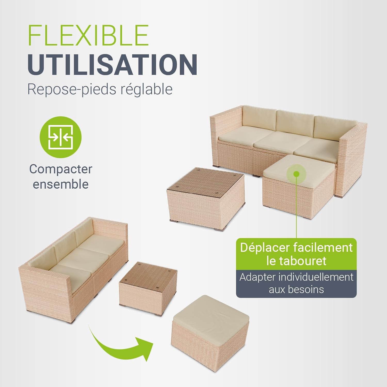Juskys - Punta Cana M - canapé, tabouret, table, coussins - pour 3-4 personnes