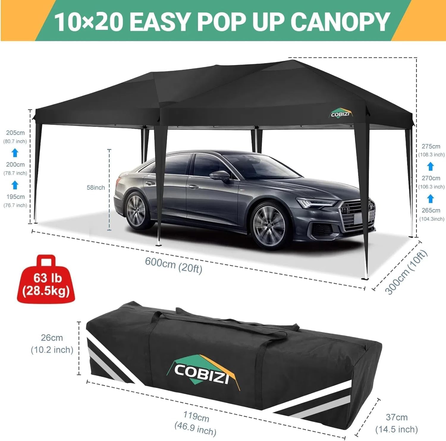 COBIZI - Tonnelle pliante 3x6m étanche, stable, anti-UV, 6 parois