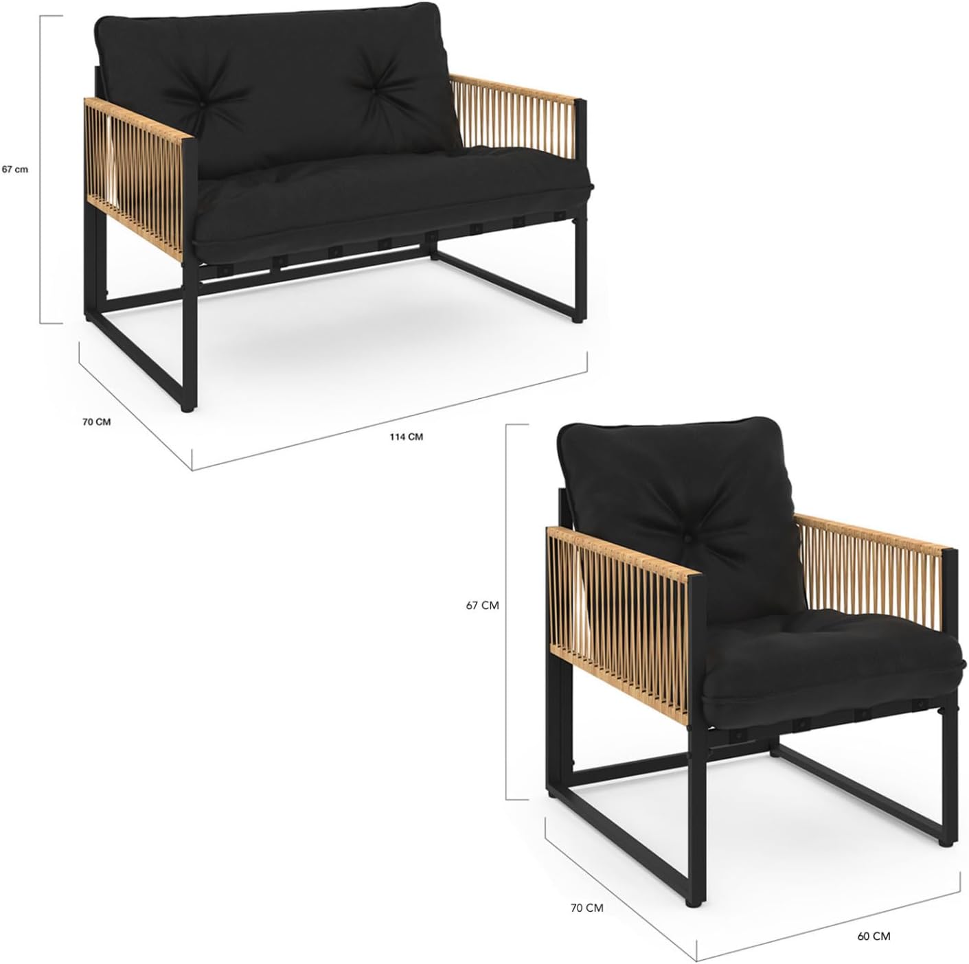 IDMarket - Salon Bas Rio 6 places, métal noir, coussins noirs, effet rotin