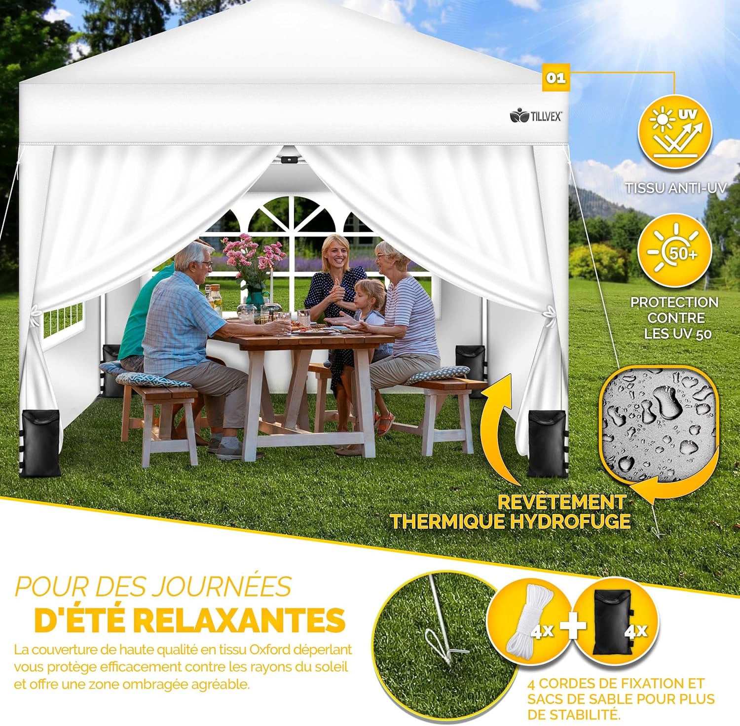 tillvex Tonnelle de Jardin 3 x 3 m Pliable avec 4 côtés | Tente de Jardin Pliante réglable en Hauteur | Auvent Pliant pour Camping, Festival, Plage, Jardin | Protection UV 50+ + Sac de Jardin