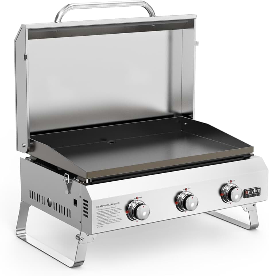 onlyfire - Plancha gaz inox - 57x36cm - 3 brûleurs, 7kW, céramique, pieds pliables
