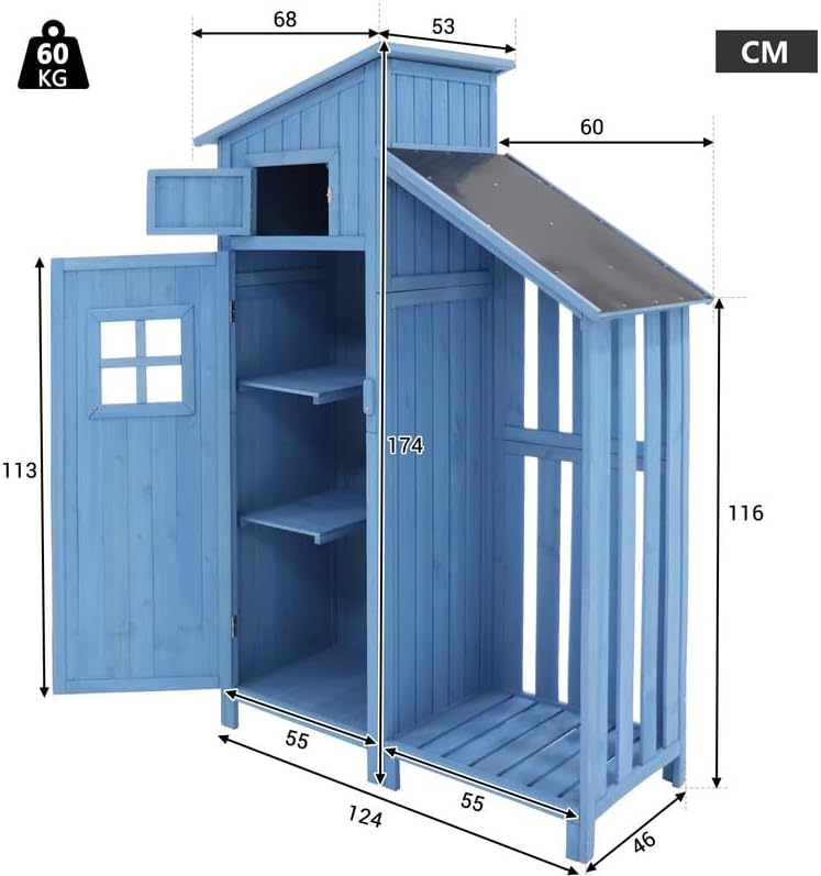 Abri de Jardin en Bois - 124x46x174cm - rangement extérieur avec serrure, toiture PVC