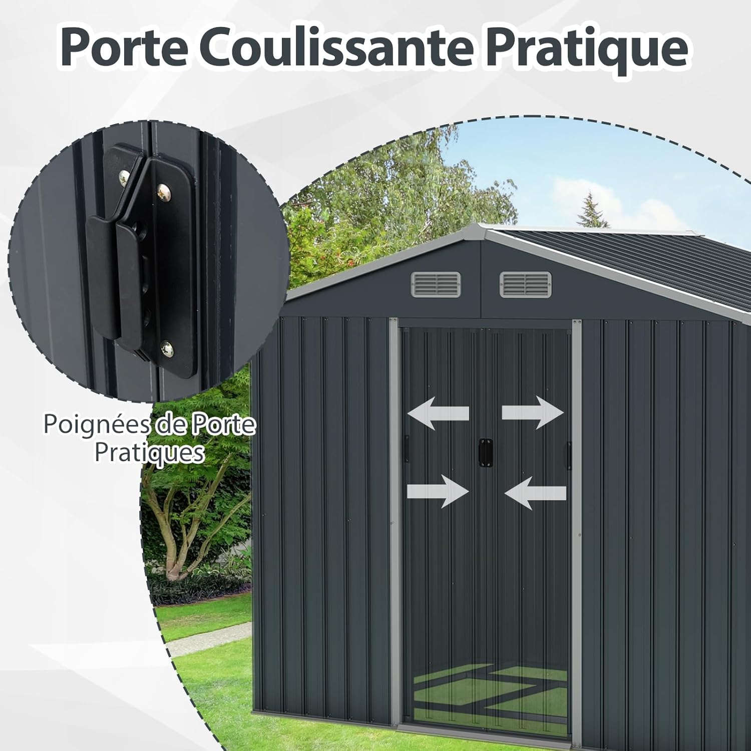 Abri de jardin métal 4m² - toît double pente, portes coulissantes, 