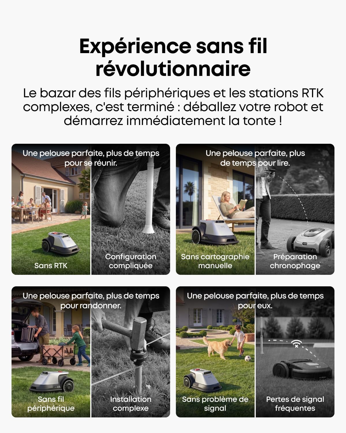 eufy - E15 Robot Tondeuse - 800 m² - sans fil, cartographie smart, contourne obstacles, installation rapide, E15