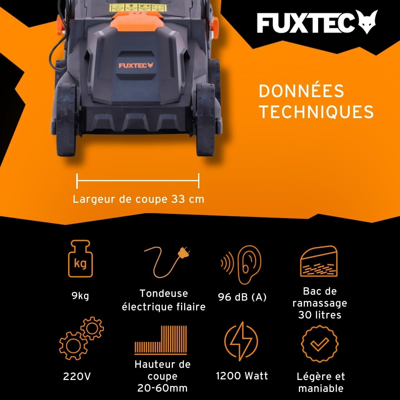 FUXTEC - FX-RME33 - 33cm coupe, 30L bac, 1200W, hauteur 20-60mm FX-RME33