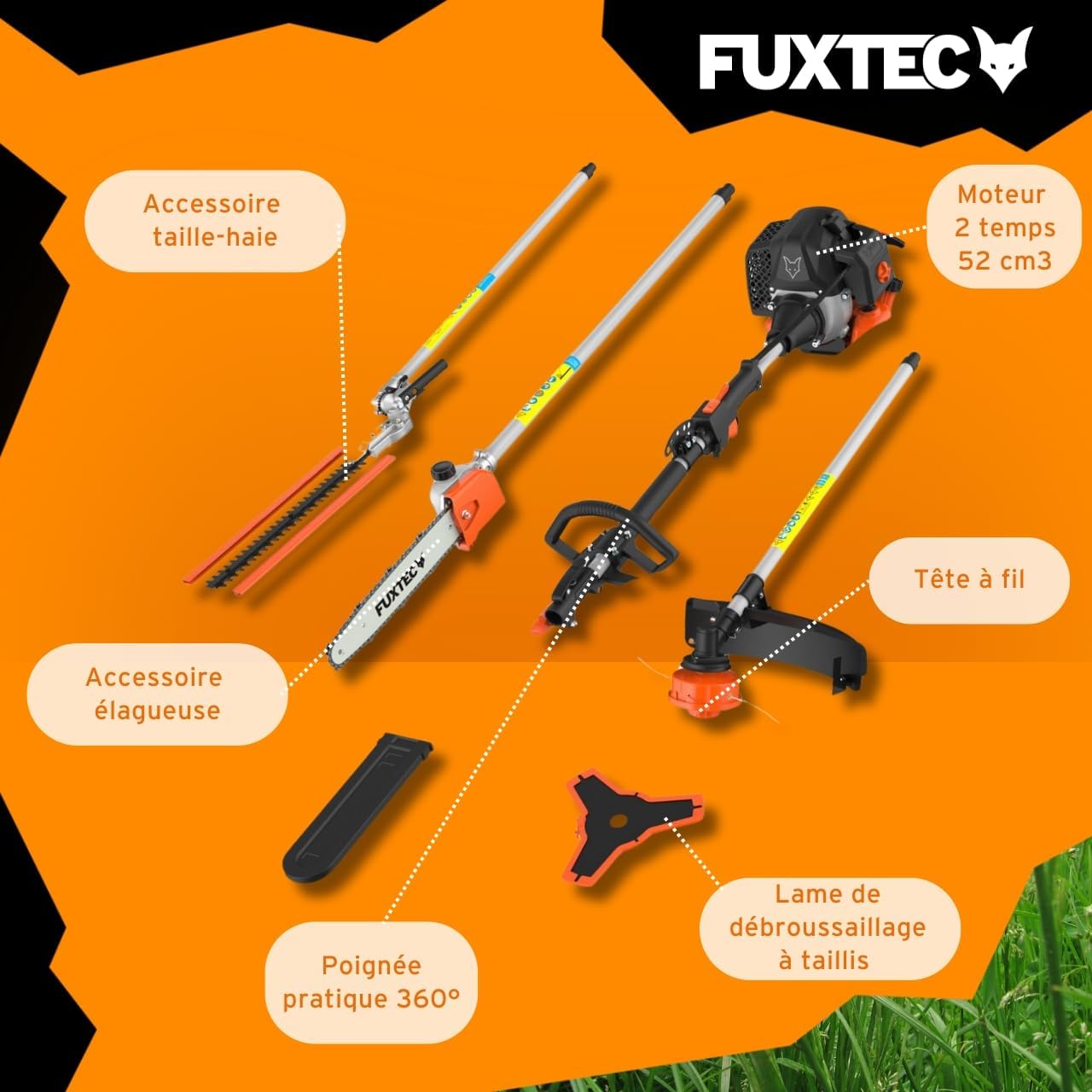 Fuxtec Débroussailleuse Thermique Multifonction 4 en 1 Multitool FX-MT152 - Easy Starter, 3CV 52 cm³, Moteur 2 Temps, Élagueuse Taille Haie Coupe Bordure avec Fil ou Lame
