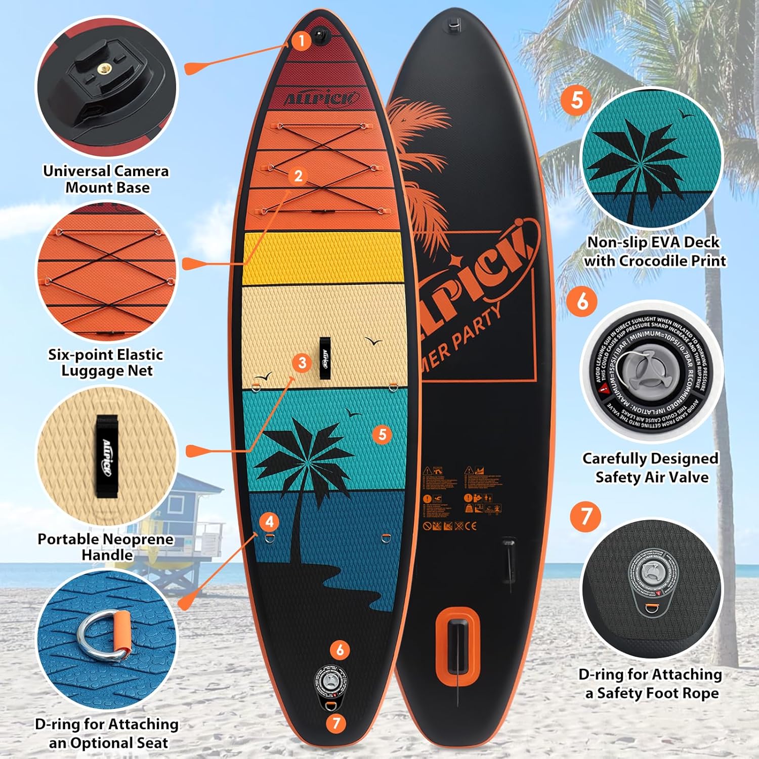 ALLPICK - paddle gonflable 320 cm - support caméra, pagaie réglable, 200 kg