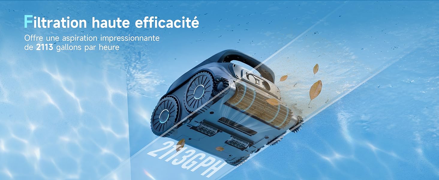 Le texte indique « Filtration haute efficacité » et « Filtre stérilisant bactériostatique » avec « UTI à action anti-biofilm ». L'image du produit montre un filtre à eau cylindrique beige et noir sur fond de ciel avec des gouttelettes d'eau.
