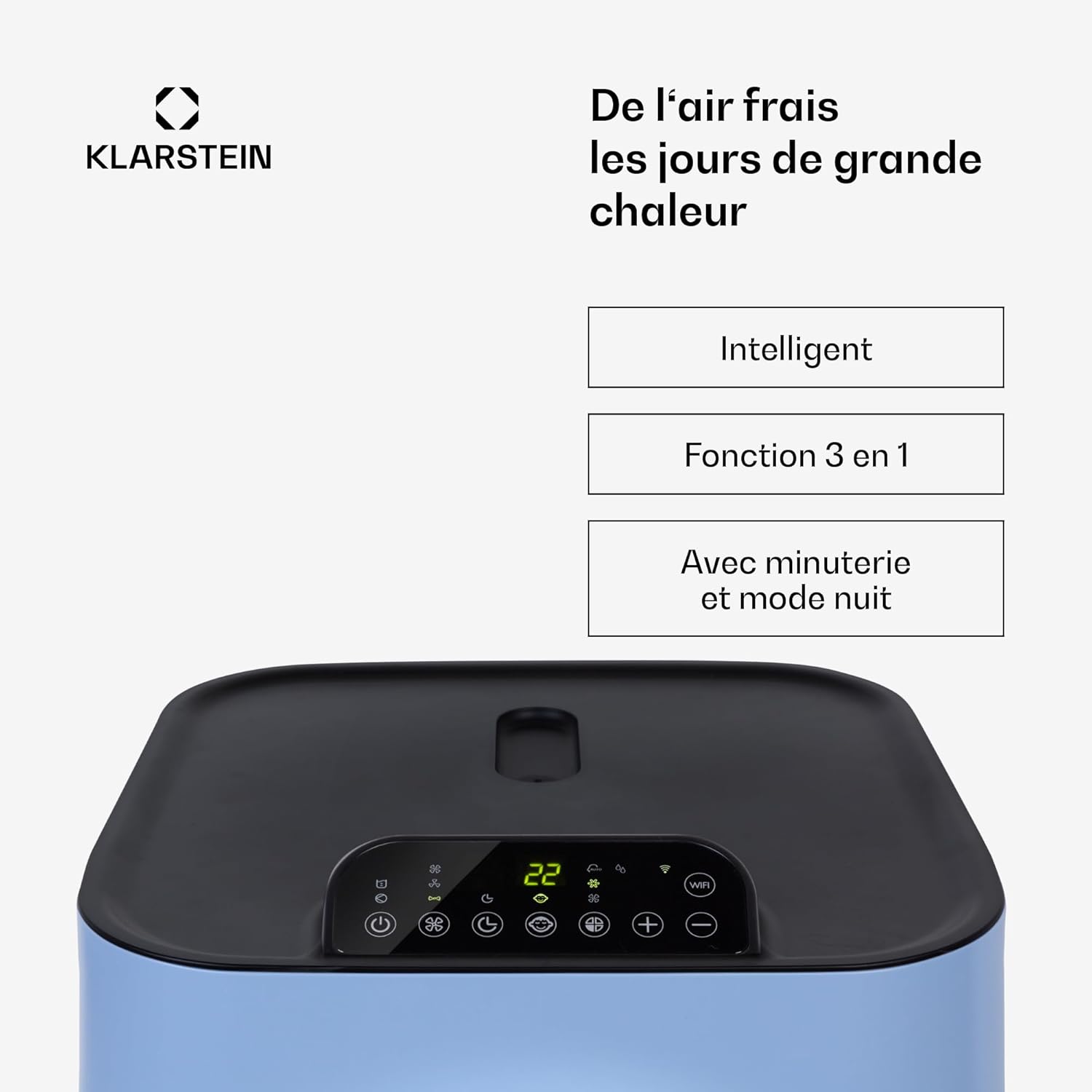 Klarstein Kraftwerk Smart 10K Climatiseur Mobile - 10,000 BTU, 29-49 m², Silencieux 50 dB, App & Alexa, Déshumidificateur 23 l/h, Ventilateur 440 m³/h, Télécommande, Kit Fenêtre Inclus, Bleu moyen
