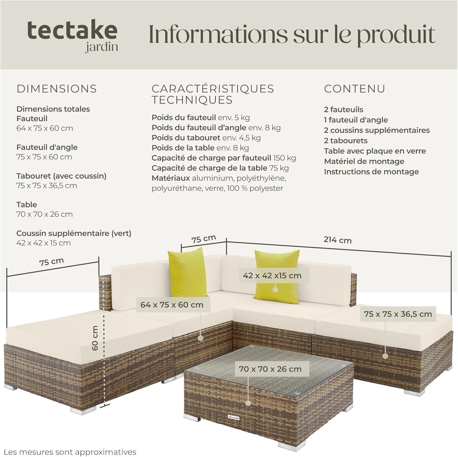 tectake - Salon jardin modulable XXL - 5 places, polyrotin, table, balcon terrasse