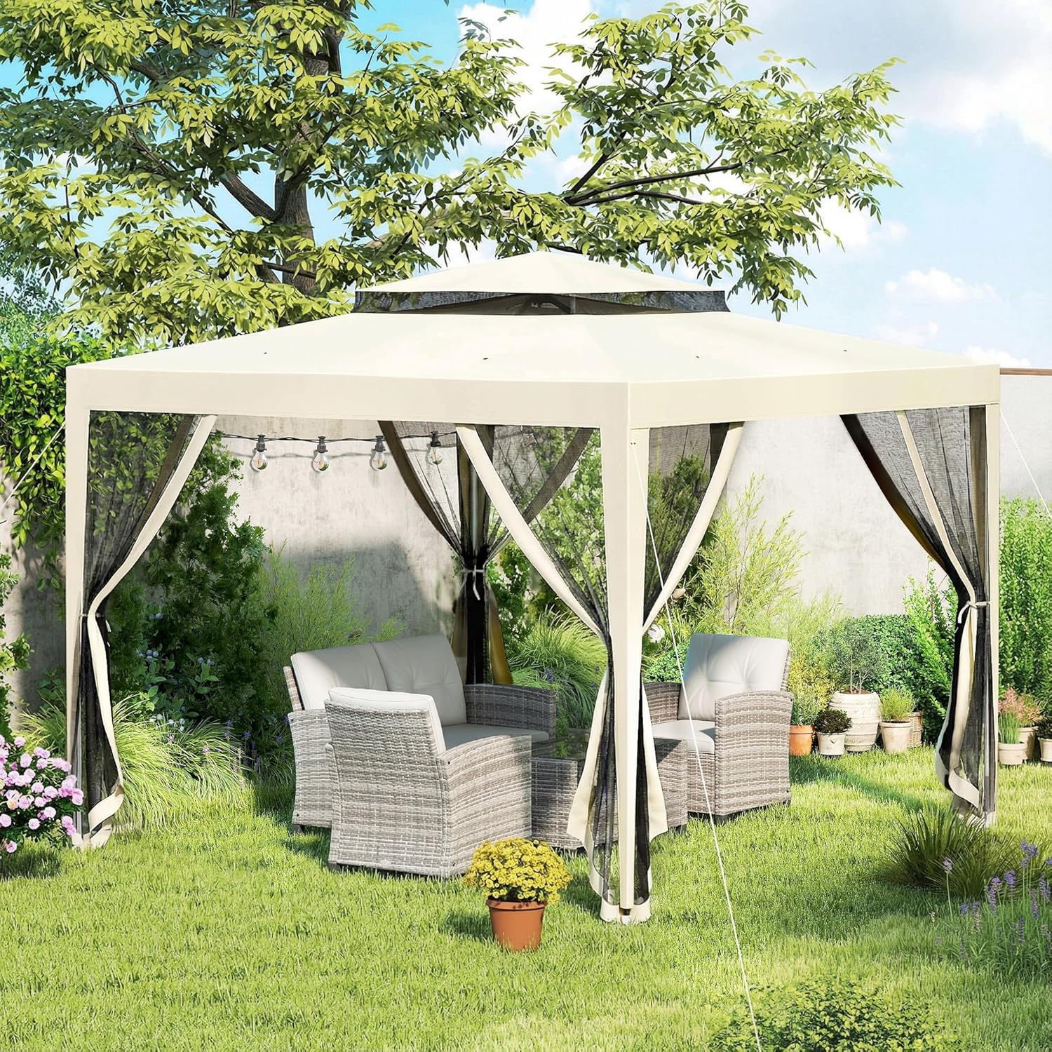 Outsunny - Tonnelle Barnum Jardin - 3x3m - moustiquaires, double toit, beige