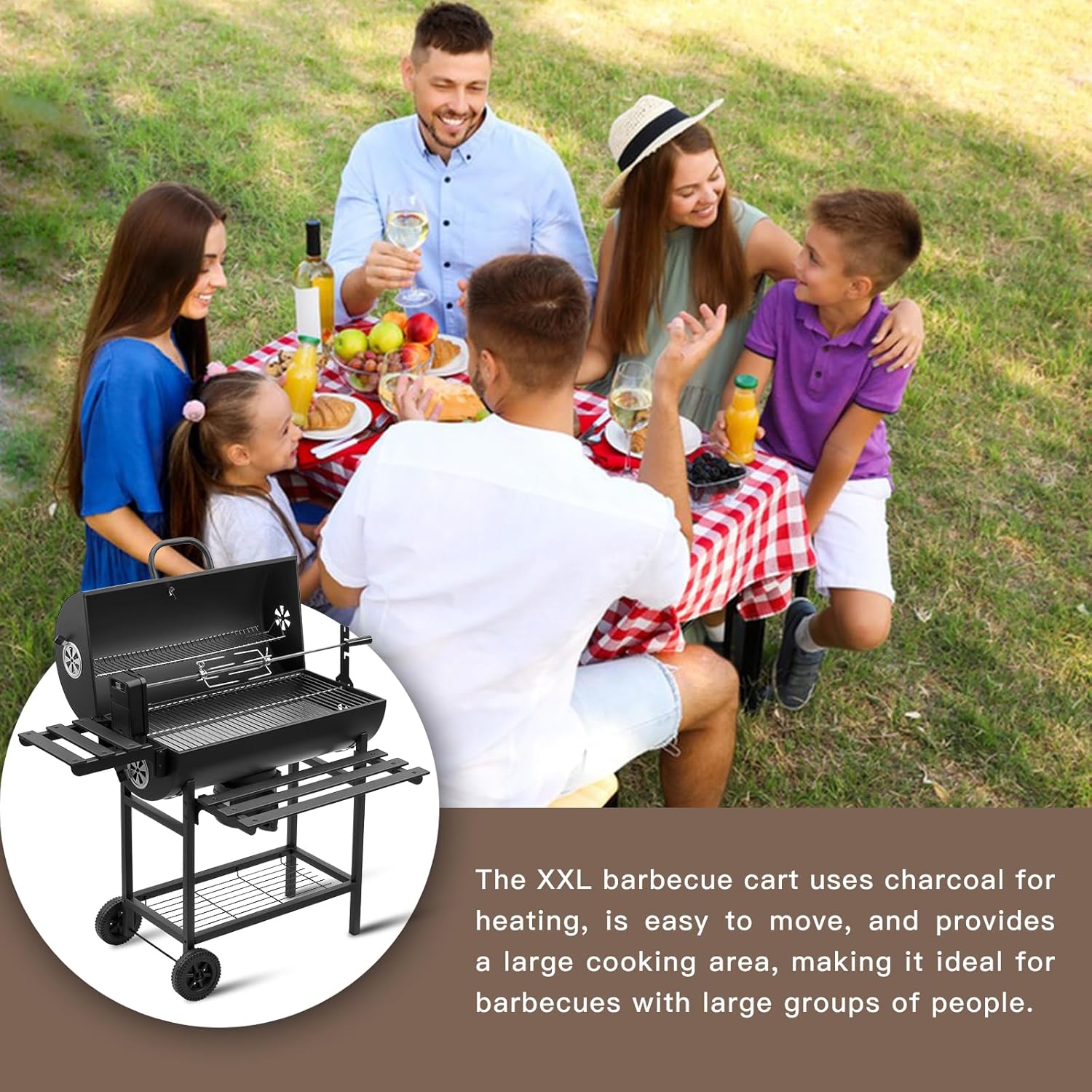 TEENO - Barbecue charbon de bois XL, tiroir cendres, thermomètre, grill poulet