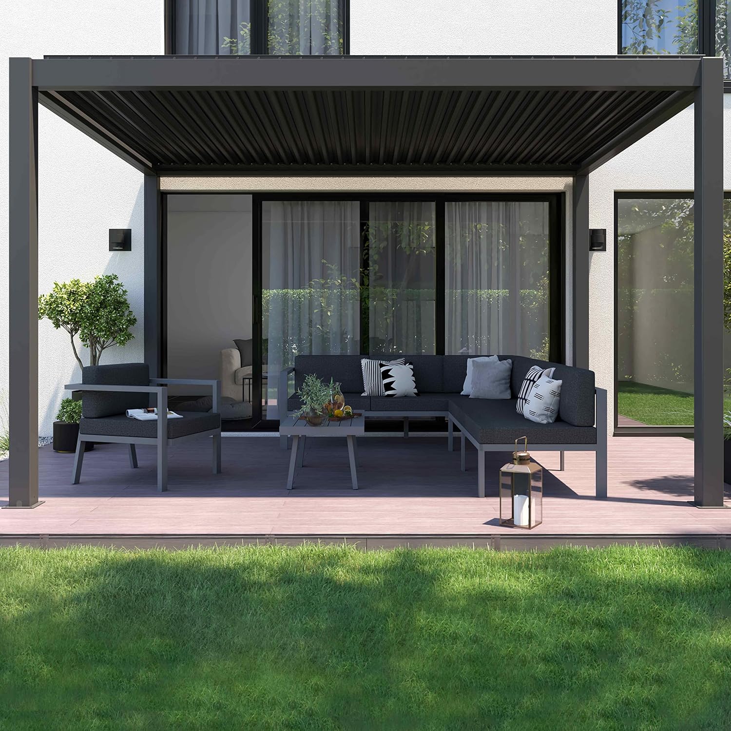 Oviala - pergola bioclimatique motorisée éclairée autoportée 3x4m store