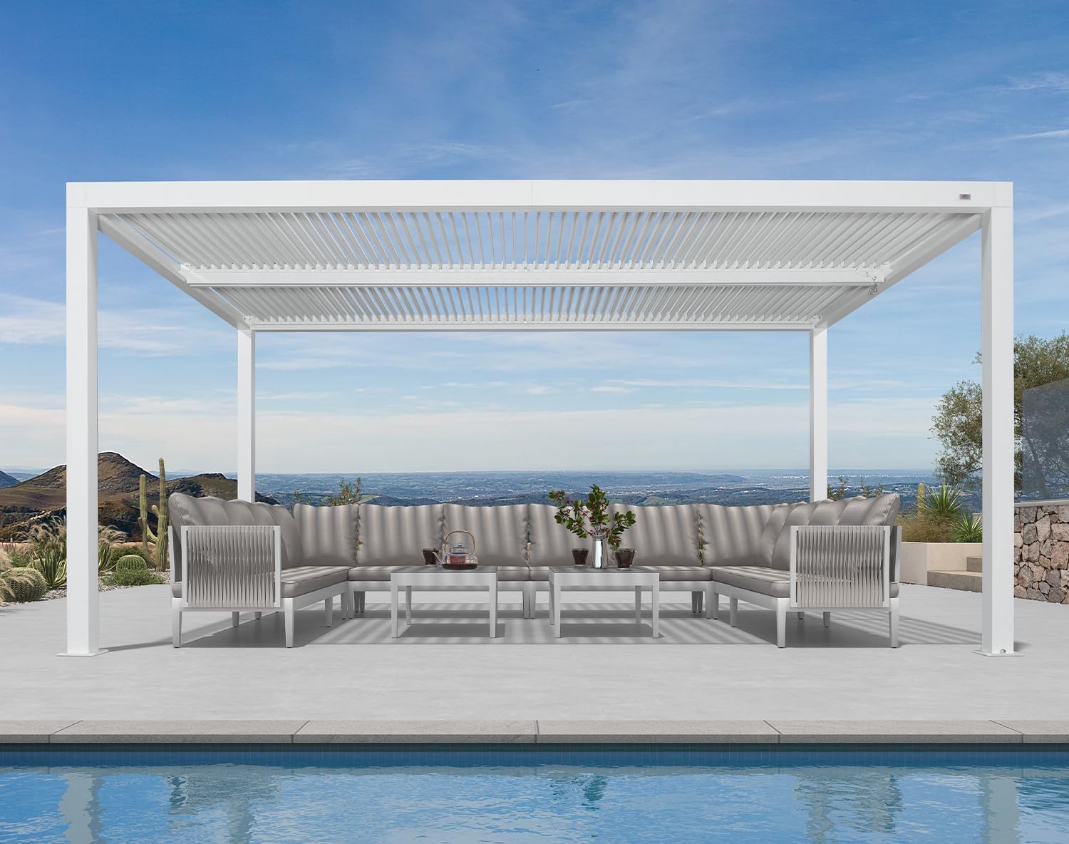 PURPLE LEAF - Pergola bioclimatique aluminium 4,6x3,3m, lames orientables, blanc