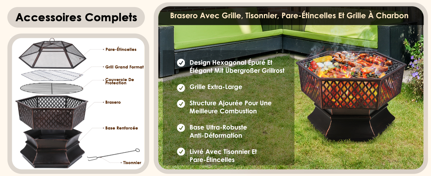 Le texte indique « Accessoires complets ». Carte d'information sur le produit montrant le schéma hexagonal du gril avec plusieurs pièces et caractéristiques répertoriées sur fond vert.