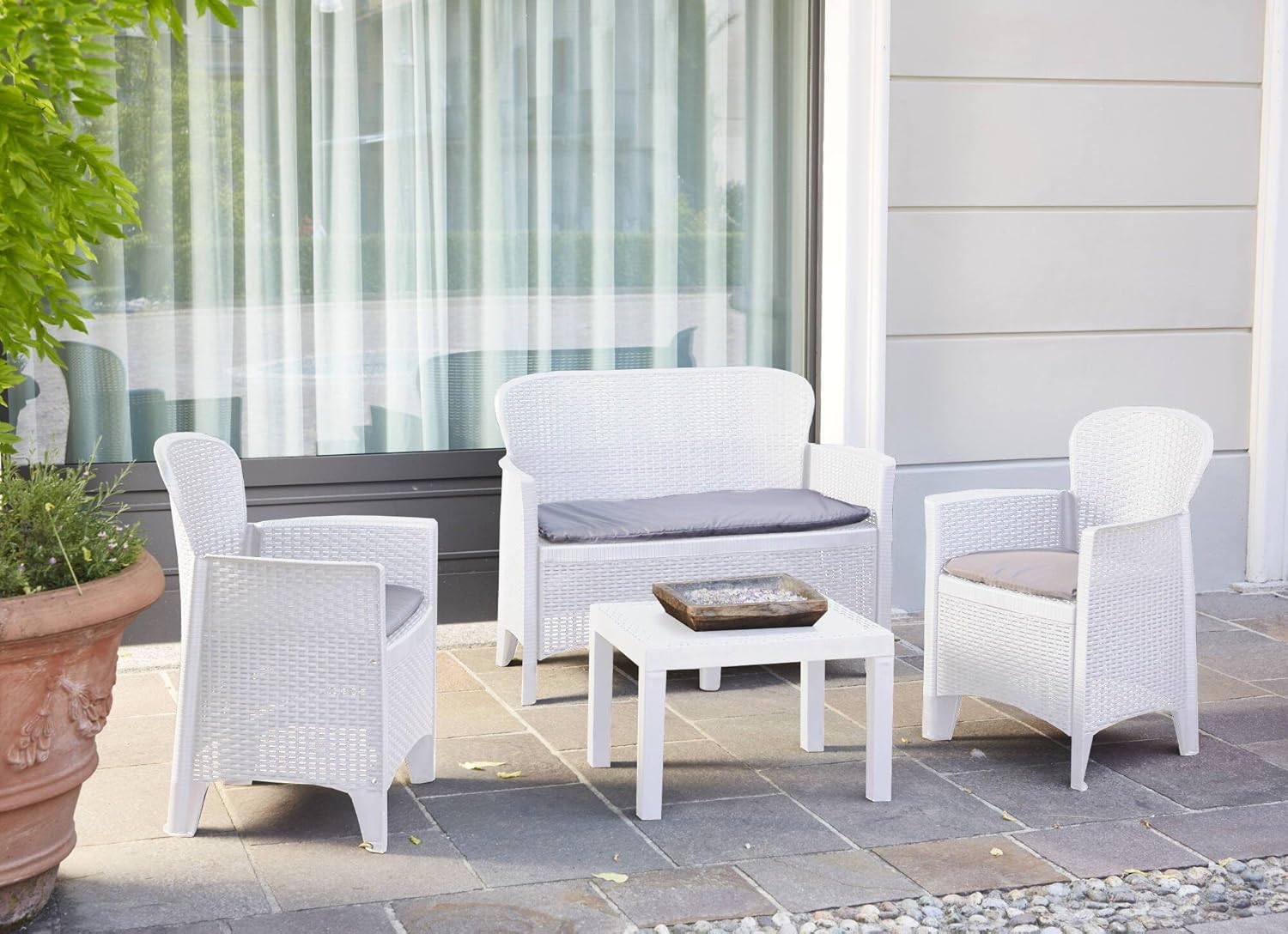 Dmora - Ostuni salon de jardin, blanc, rotin effet, 100% Made in Italy