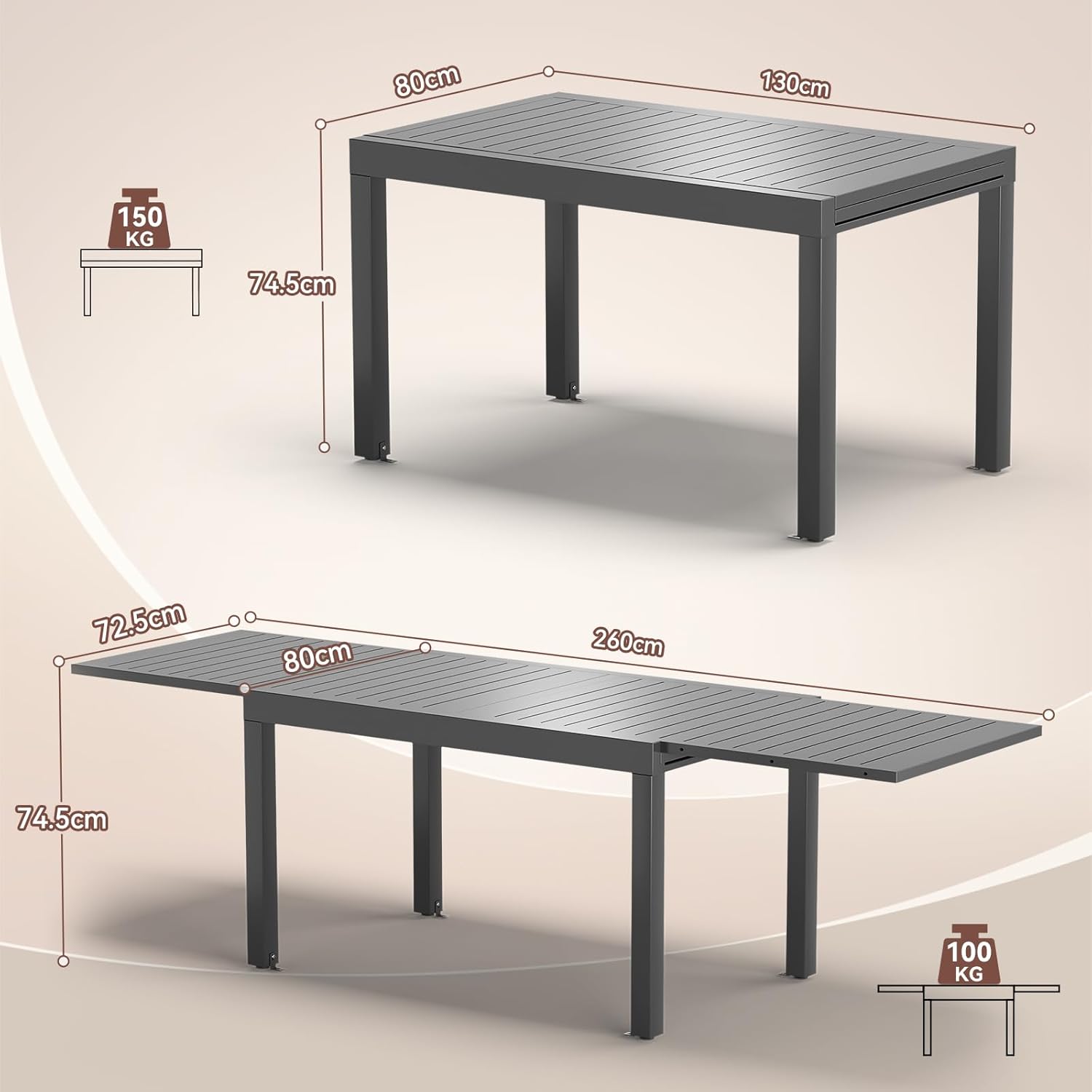 JUMMICO - table extensible 260x80cm - aluminium résistant, facile entretien